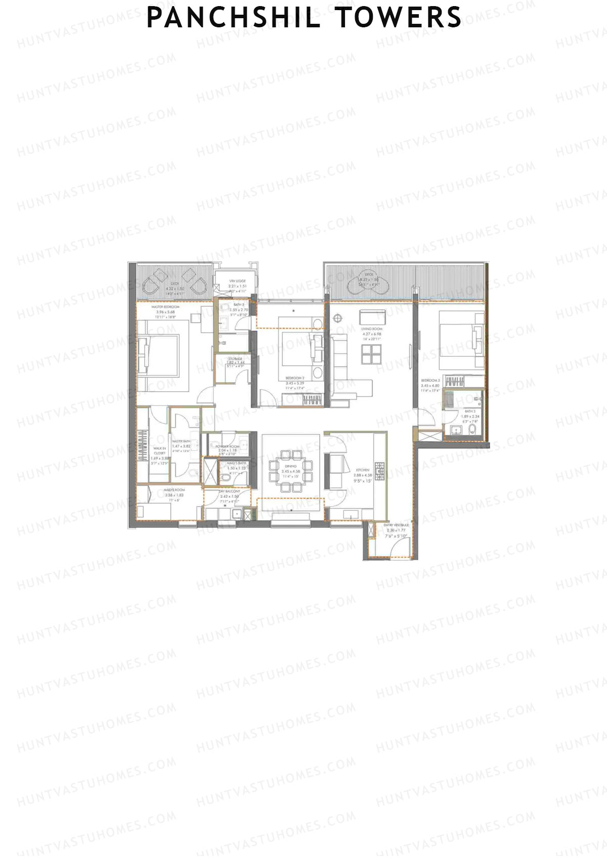 Panchshil Towers, Tower C, Unit 1, 3BHK, Carpet Area 1915   sq ft 