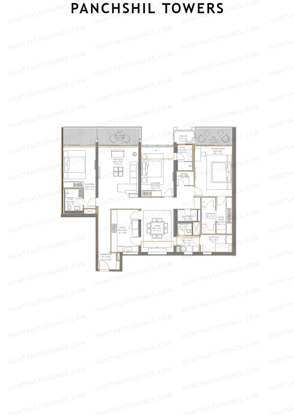 Panchshil Towers, Tower D, Unit 2, 3BHK, Carpet Area 1915   sq ft 