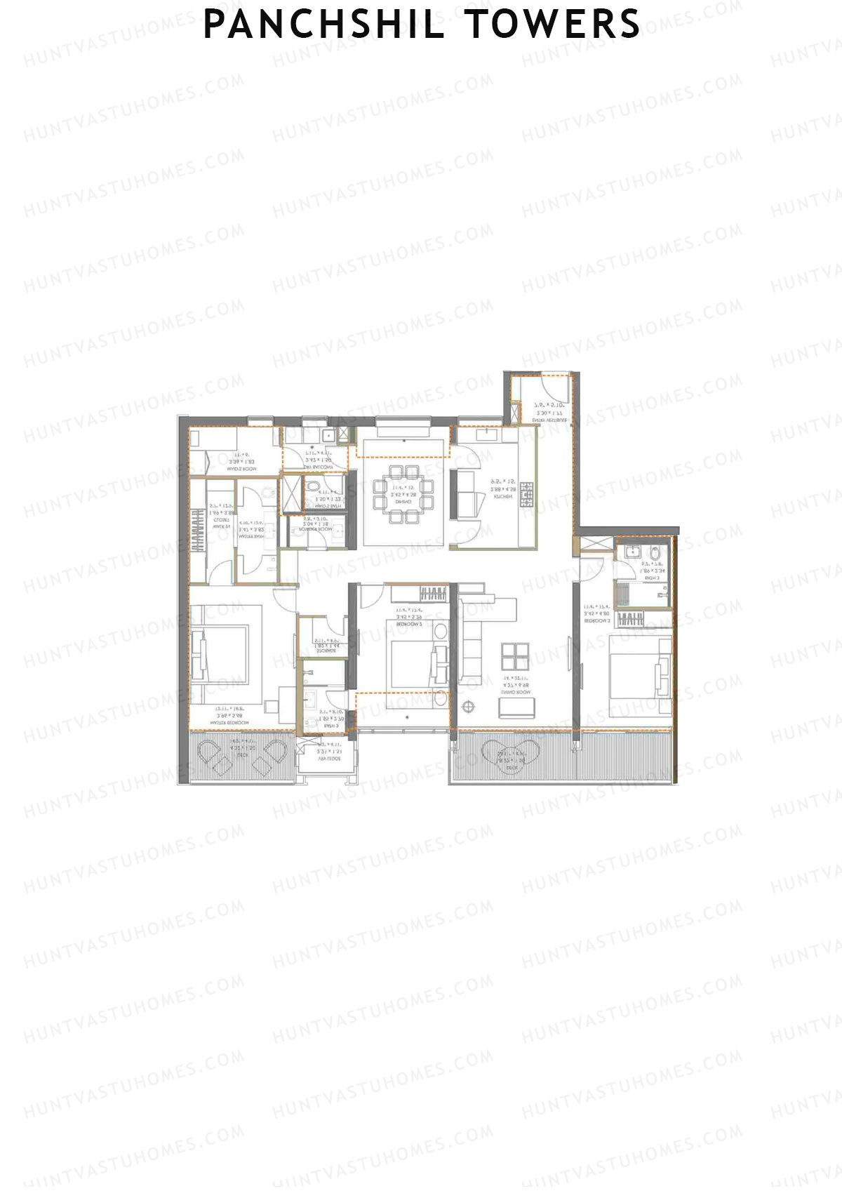 Panchshil Towers, Tower E, Unit 4, 3BHK, Carpet Area 1915   sq ft 