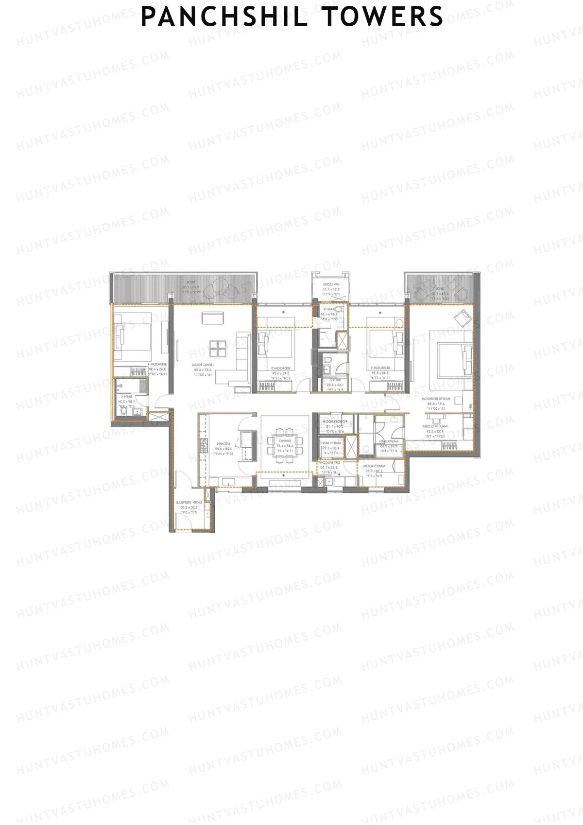 Panchshil Towers, Tower E, Unit 4, 4BHK, Carpet Area 2281   sq ft 