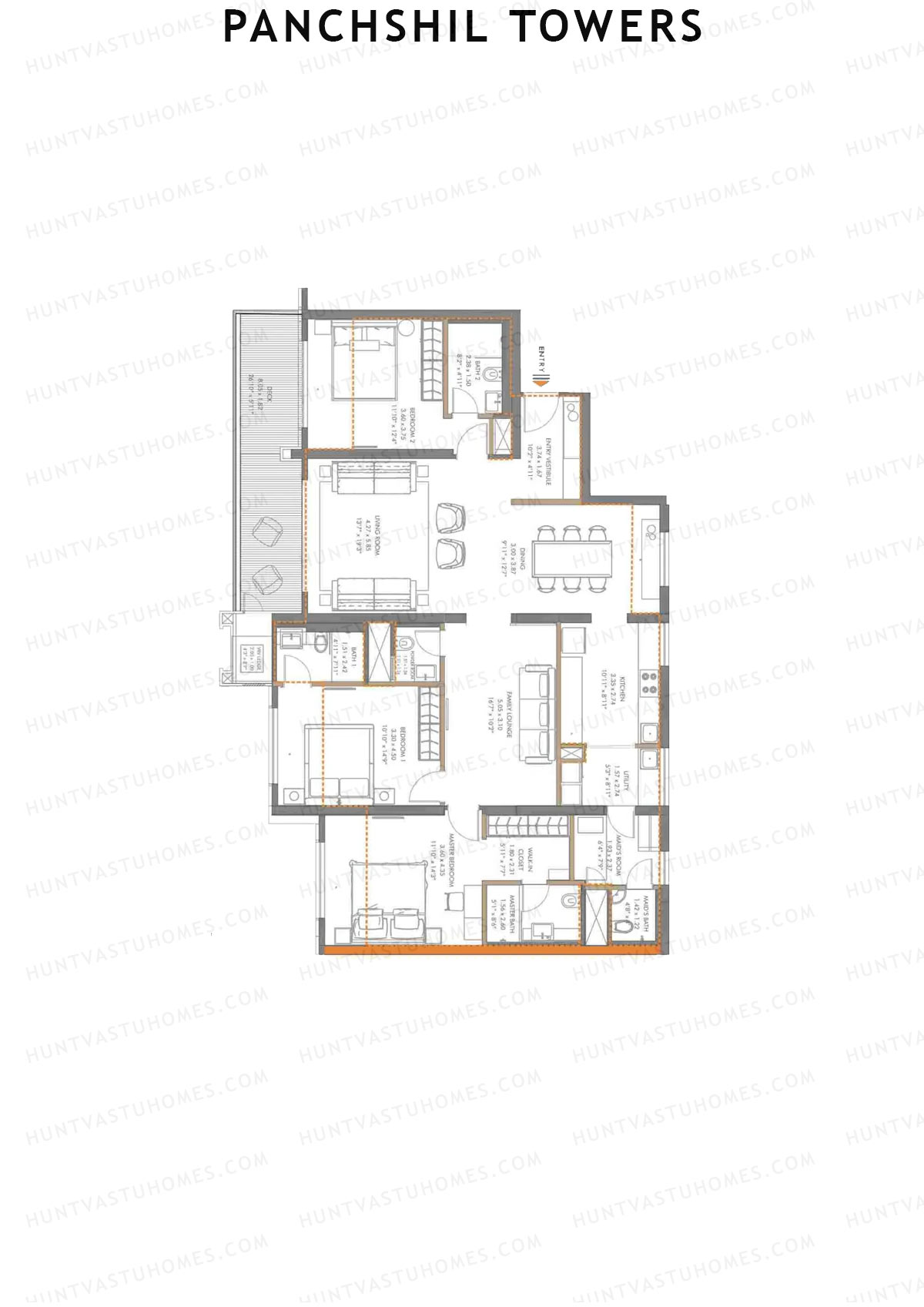 Panchshil Towers, Tower G, Unit 3, 3BHK, Carpet Area 1507   sq ft 