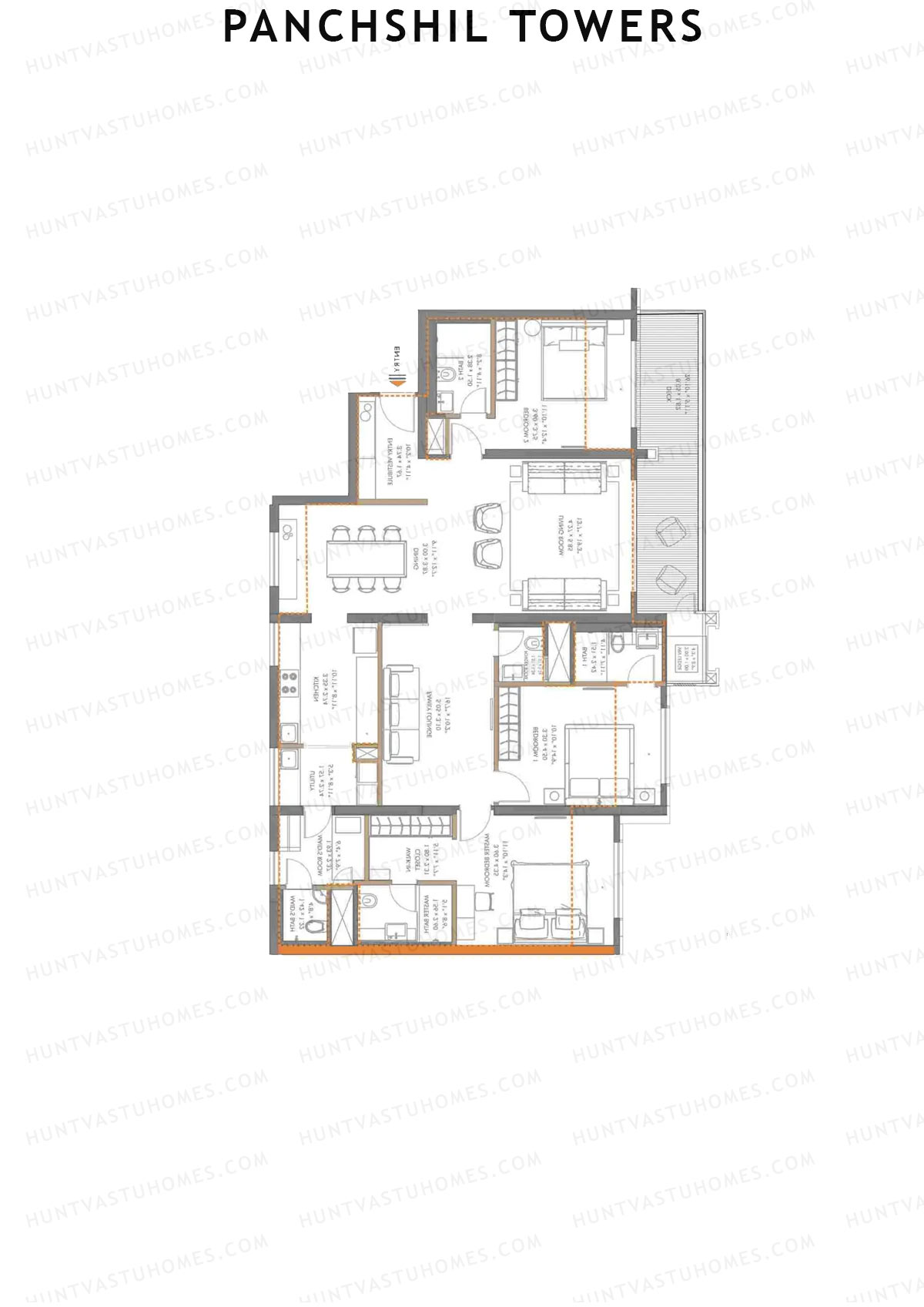 Panchshil Towers, Tower H, Unit 2, 3BHK, Carpet Area 1507   sq ft 