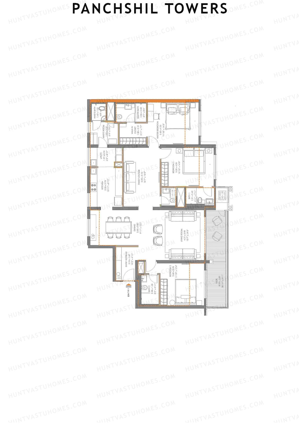 Panchshil Towers, Tower I, Unit 1, 3BHK, Carpet Area 1507   sq ft 
