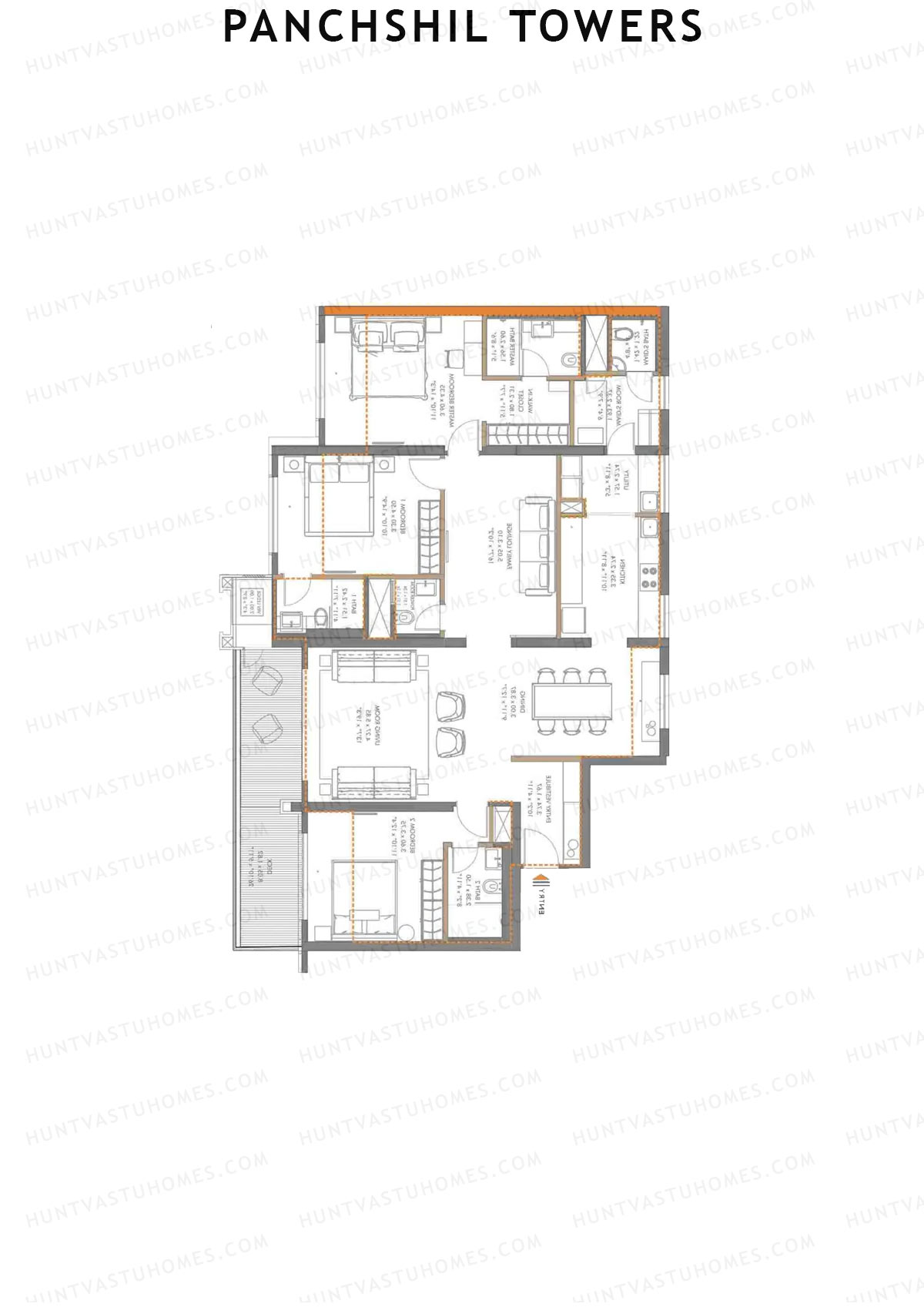 Panchshil Towers, Tower I, Unit 4, 3BHK, Carpet Area 1507   sq ft 
