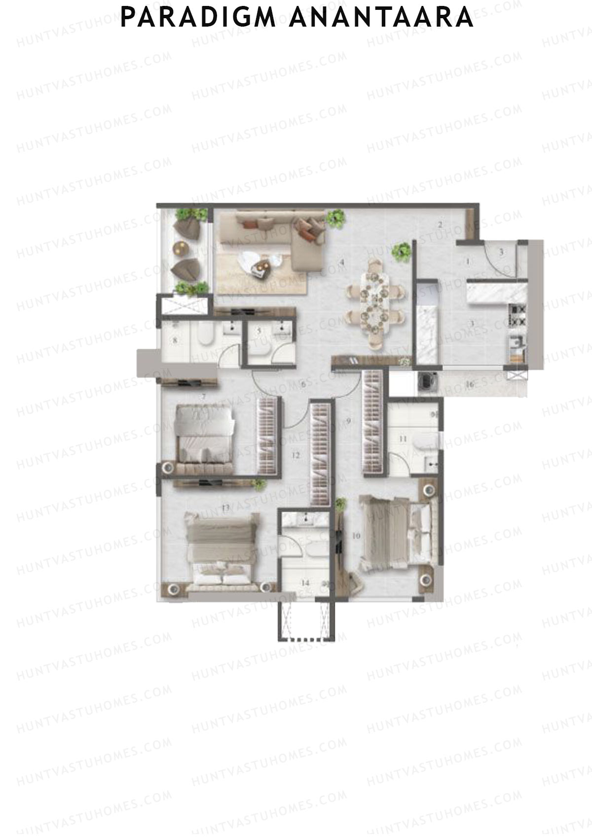 Paradigm Anantaara, Anantaara, Unit 3, 3BHK, Carpet Area 1235   sq ft 