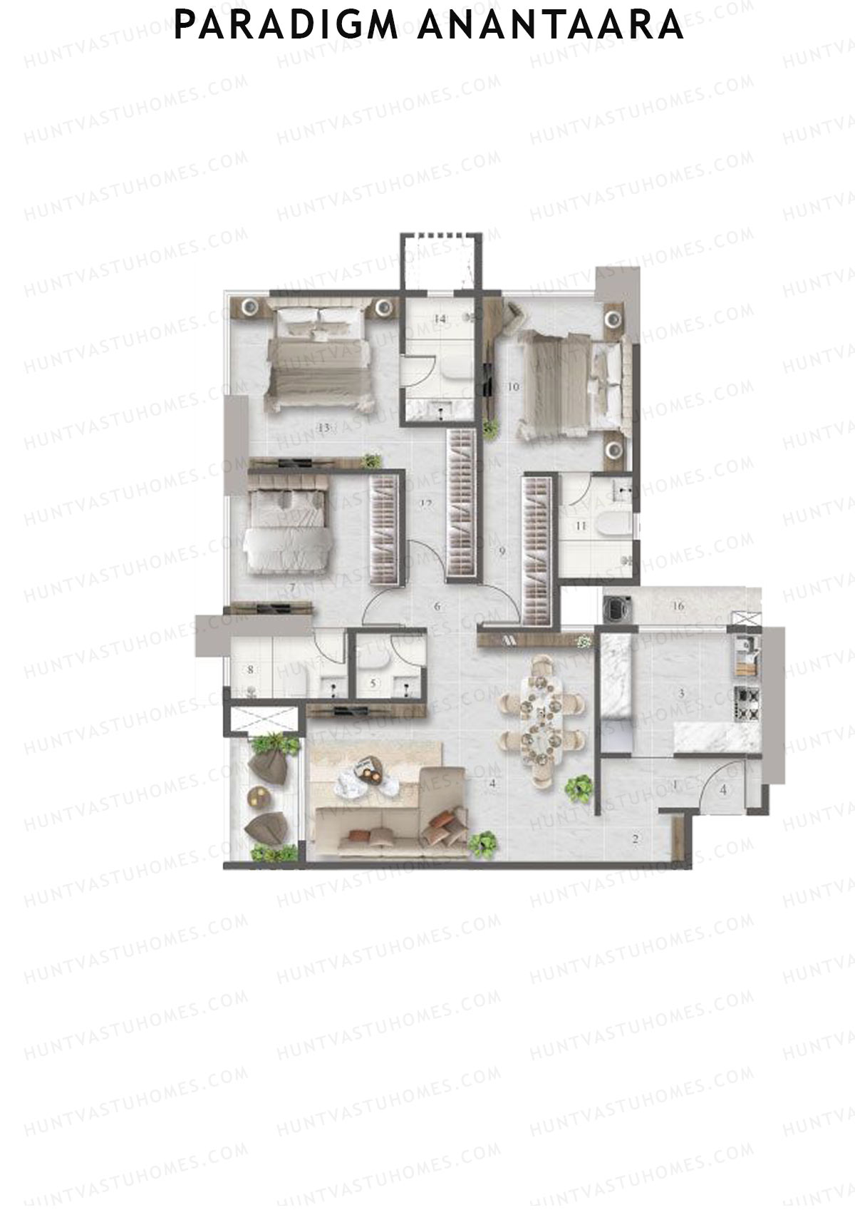 Paradigm Anantaara, Anantaara, Unit 4, 3BHK, Carpet Area 1240   sq ft 