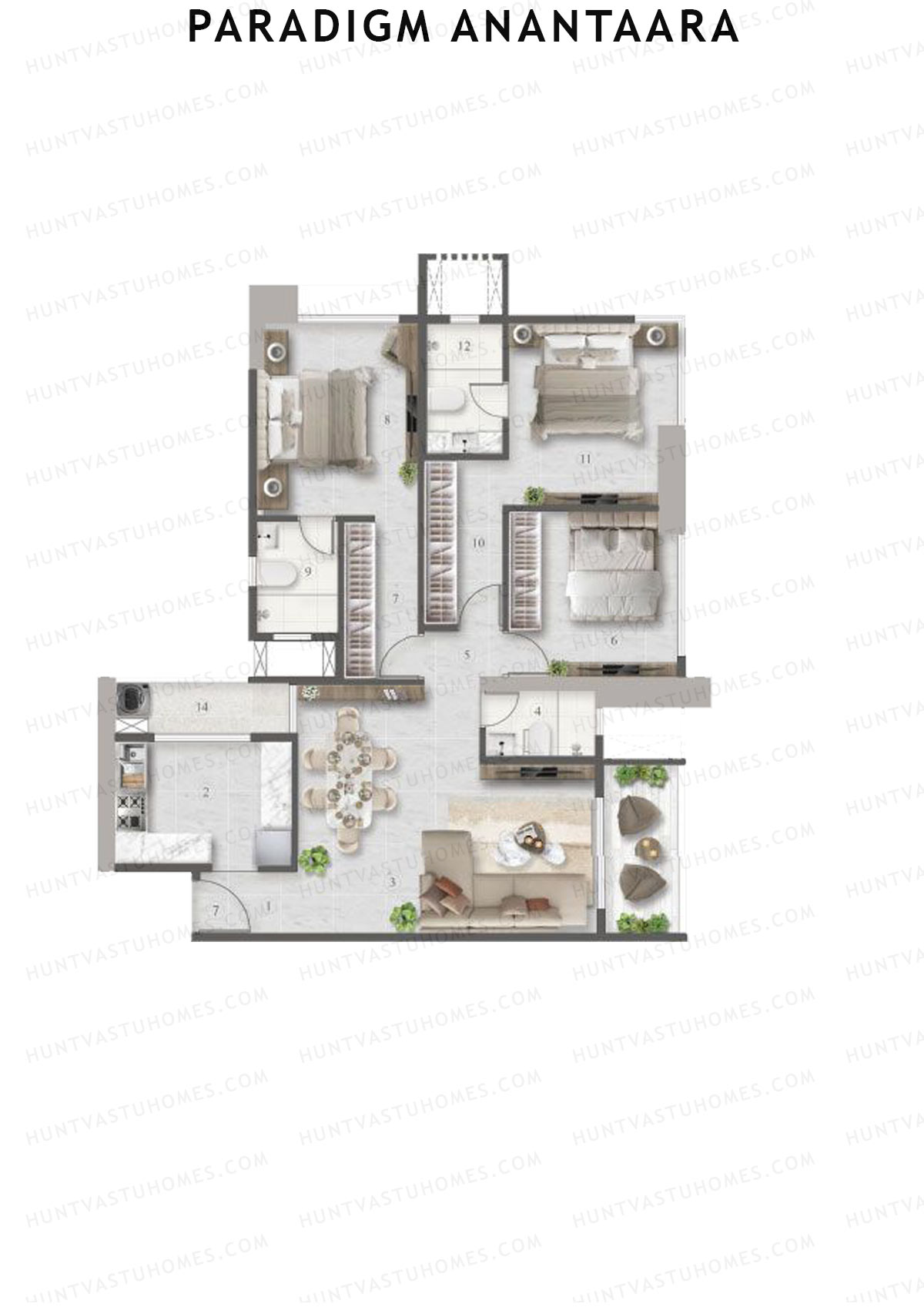 Paradigm Anantaara, Anantaara, Unit 7, 3BHK, Carpet Area 1137   sq ft 
