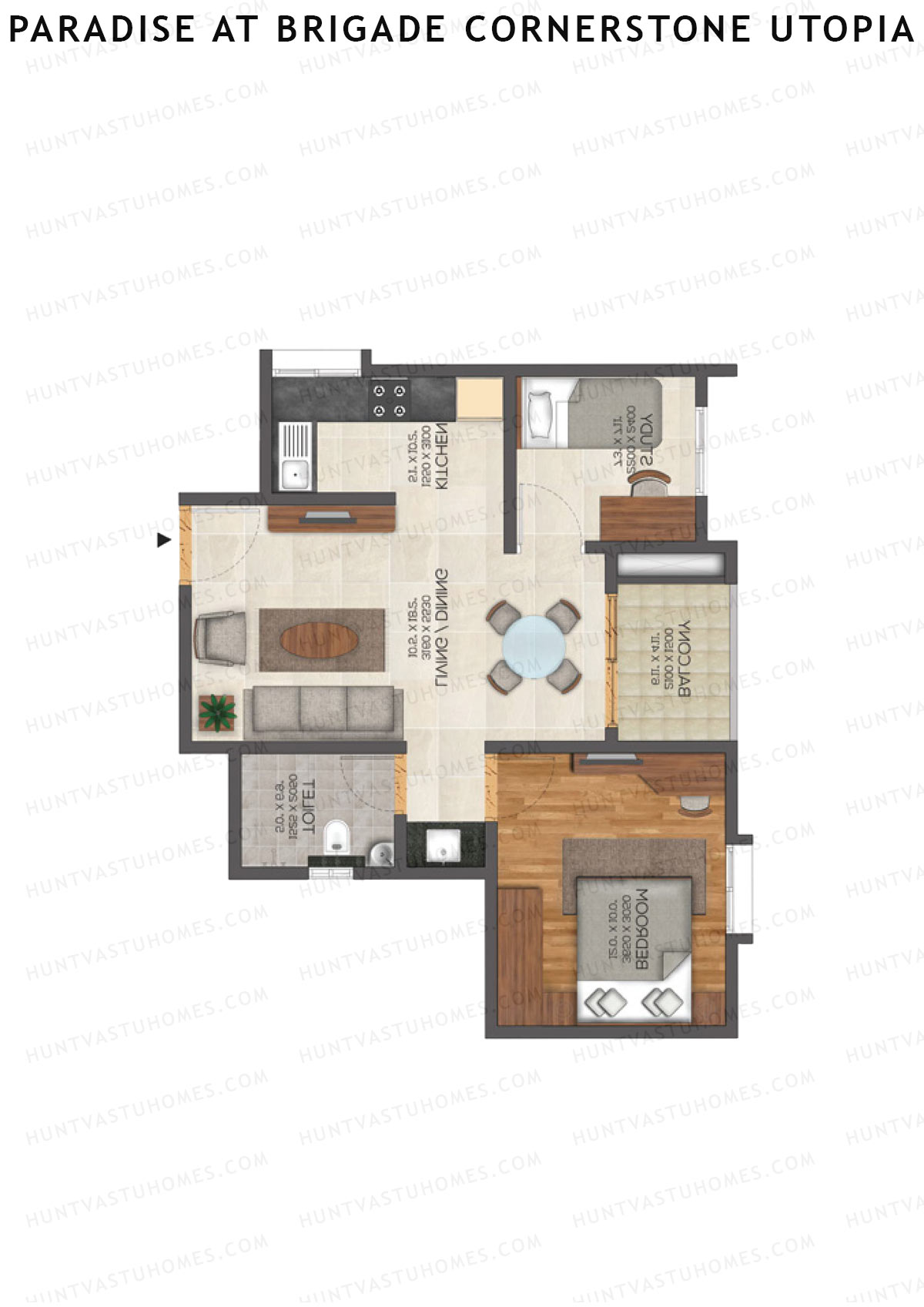 Paradise At Brigade Cornerstone Utopia, Tower F, Unit 2 (Type 2), 1BHK, Super Area 854   sq ft 