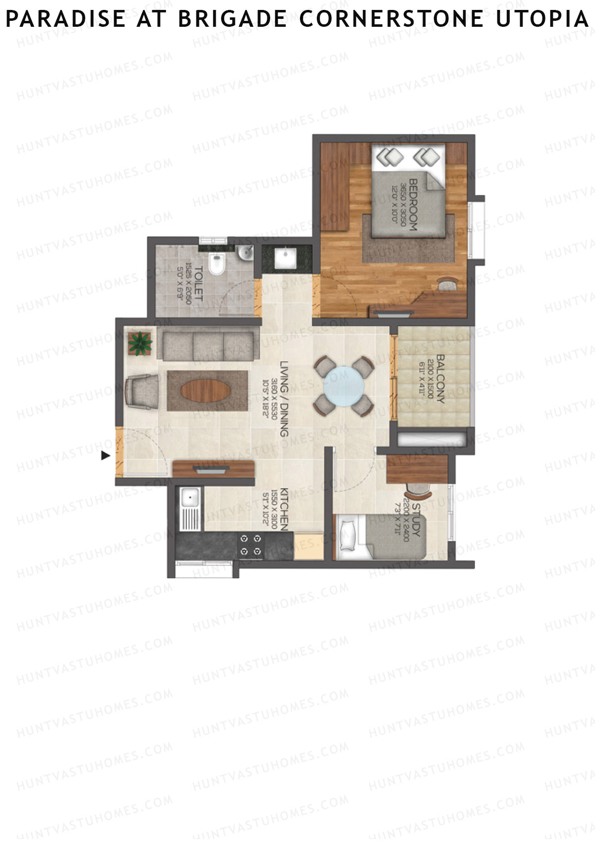 Paradise At Brigade Cornerstone Utopia, Tower F, Unit 3 (Type 2), 1BHK, Super Area 854   sq ft 
