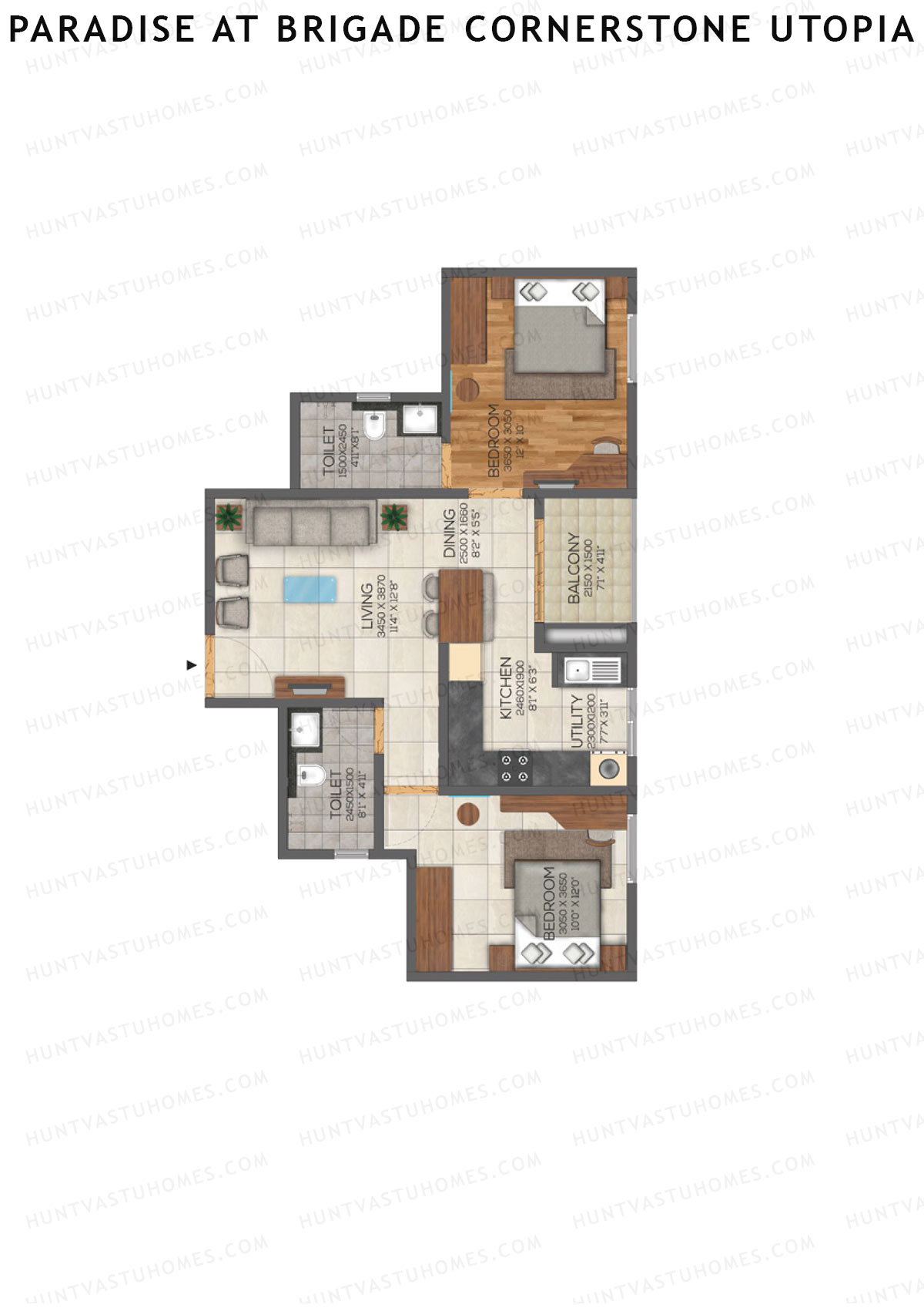 Paradise At Brigade Cornerstone Utopia, Tower F, Unit 4 (Type 1), 2BHK, Super Area 1100   sq ft 