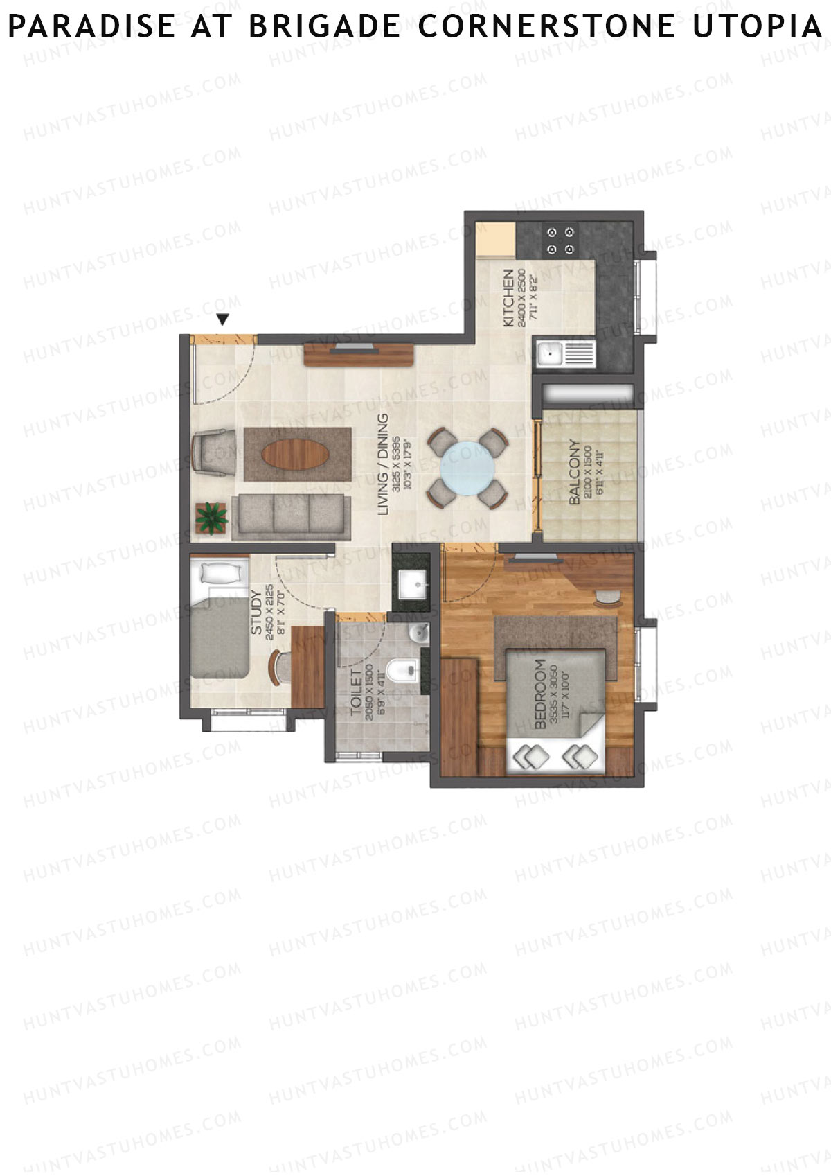 Paradise At Brigade Cornerstone Utopia, Tower F, Unit 8 (Type 1), 1BHK, Super Area 857   sq ft 