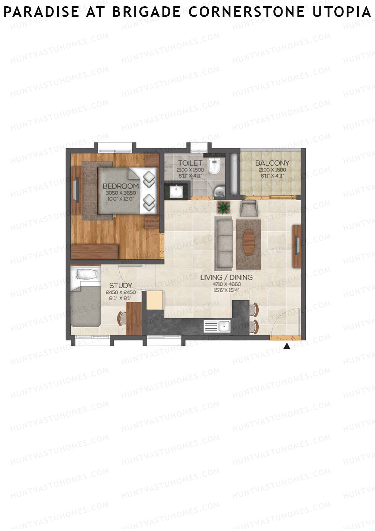 Paradise At Brigade Cornerstone Utopia, Tower F, Unit 9 (Type 3), 1BHK, Super Area 852   sq ft 