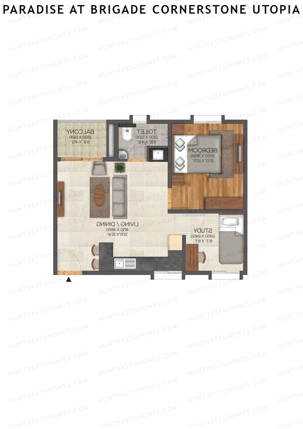 Paradise At Brigade Cornerstone Utopia, Tower H, Unit 1 (Type 3), 1BHK, Super Area 852   sq ft 