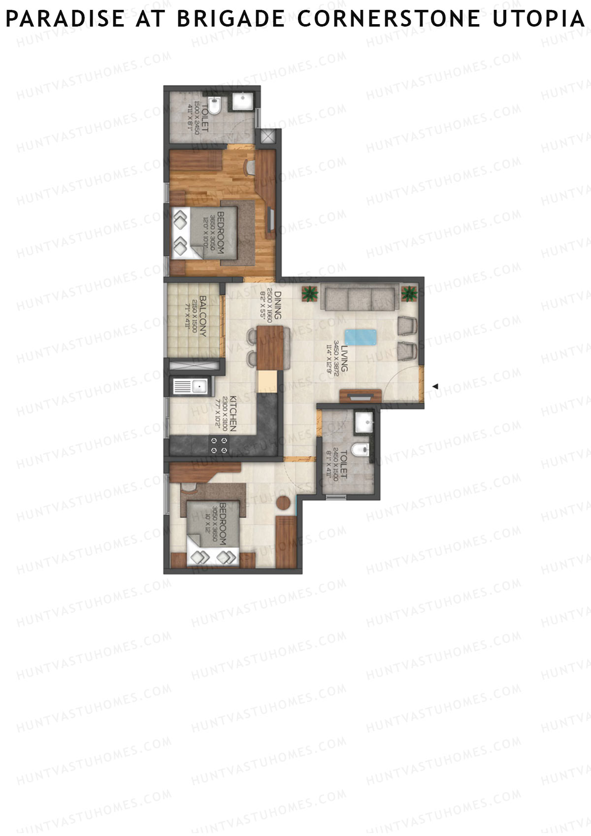 Paradise At Brigade Cornerstone Utopia, Tower H, Unit 6 (Type 2), 2BHK, Super Area 1102   sq ft 