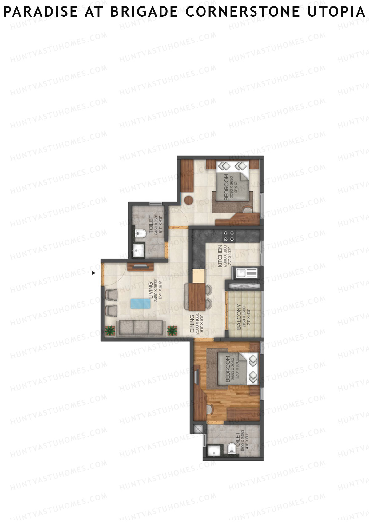 Paradise At Brigade Cornerstone Utopia, Tower J, Unit 4 (Type 2), 2BHK, Super Area 1102   sq ft 