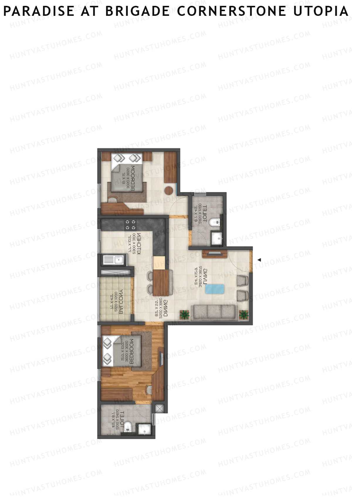 Paradise At Brigade Cornerstone Utopia, Tower J, Unit 5 (Type 2), 2BHK, Super Area 1102   sq ft 
