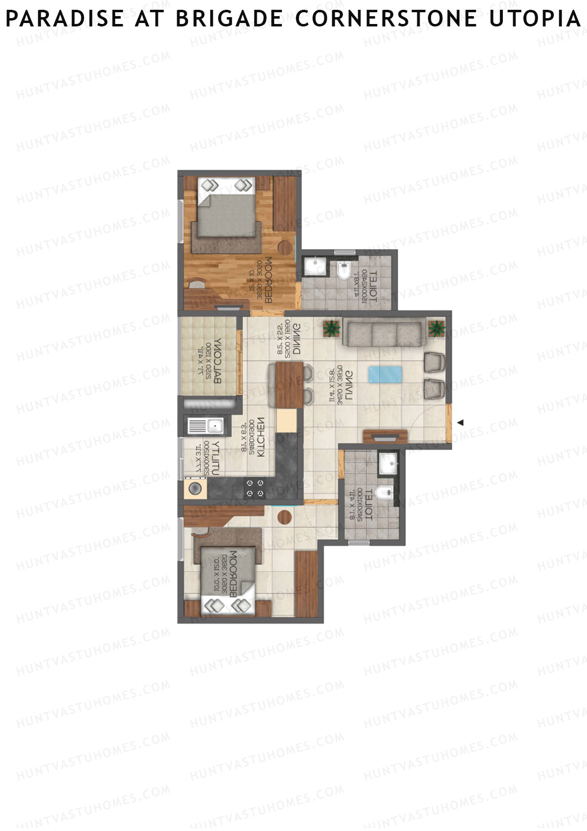 Paradise At Brigade Cornerstone Utopia, Tower J, Unit 6 (Type 1), 2BHK, Super Area 1100   sq ft 