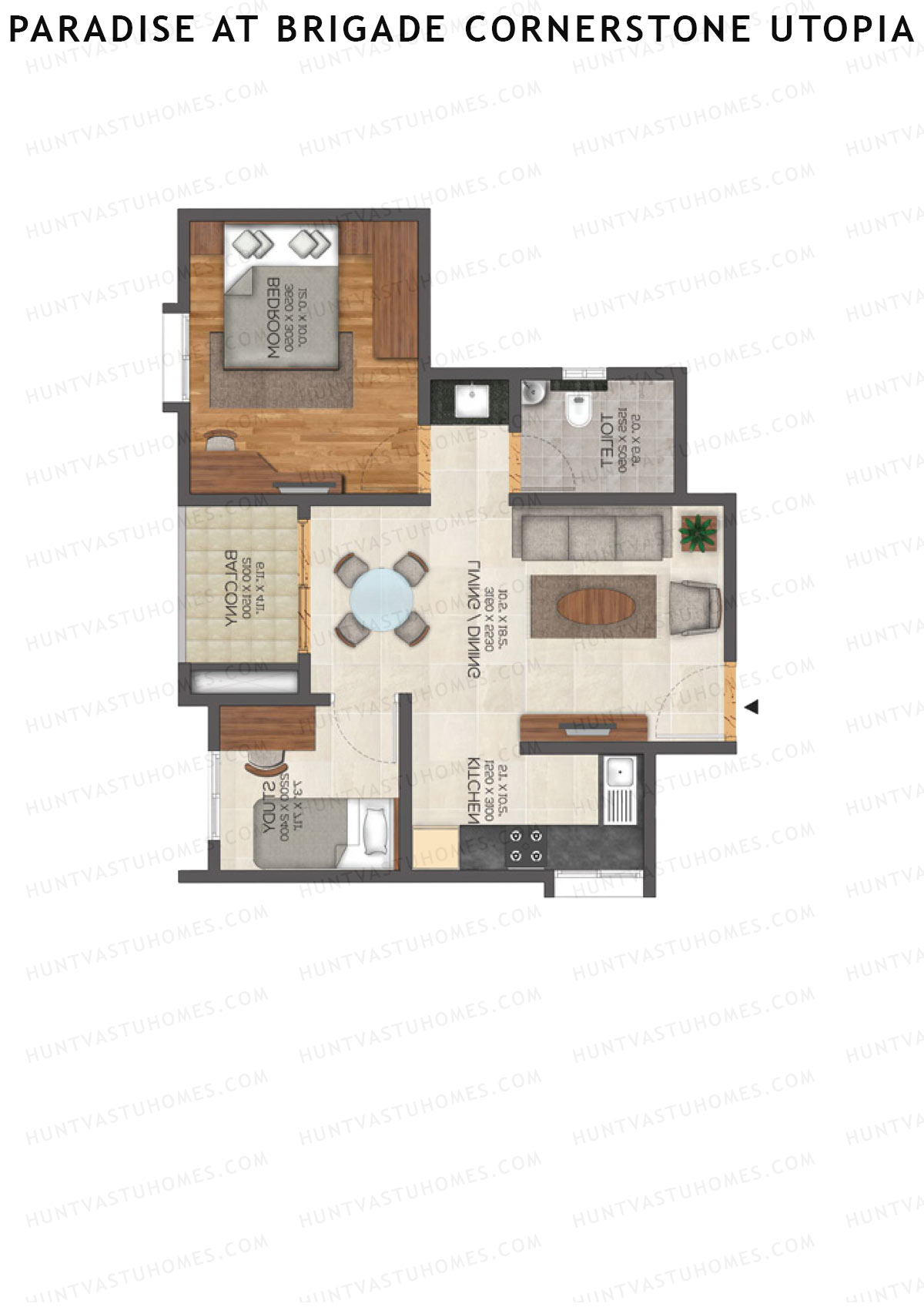 Paradise At Brigade Cornerstone Utopia, Tower J, Unit 7 (Type 2), 1BHK, Super Area 854   sq ft 