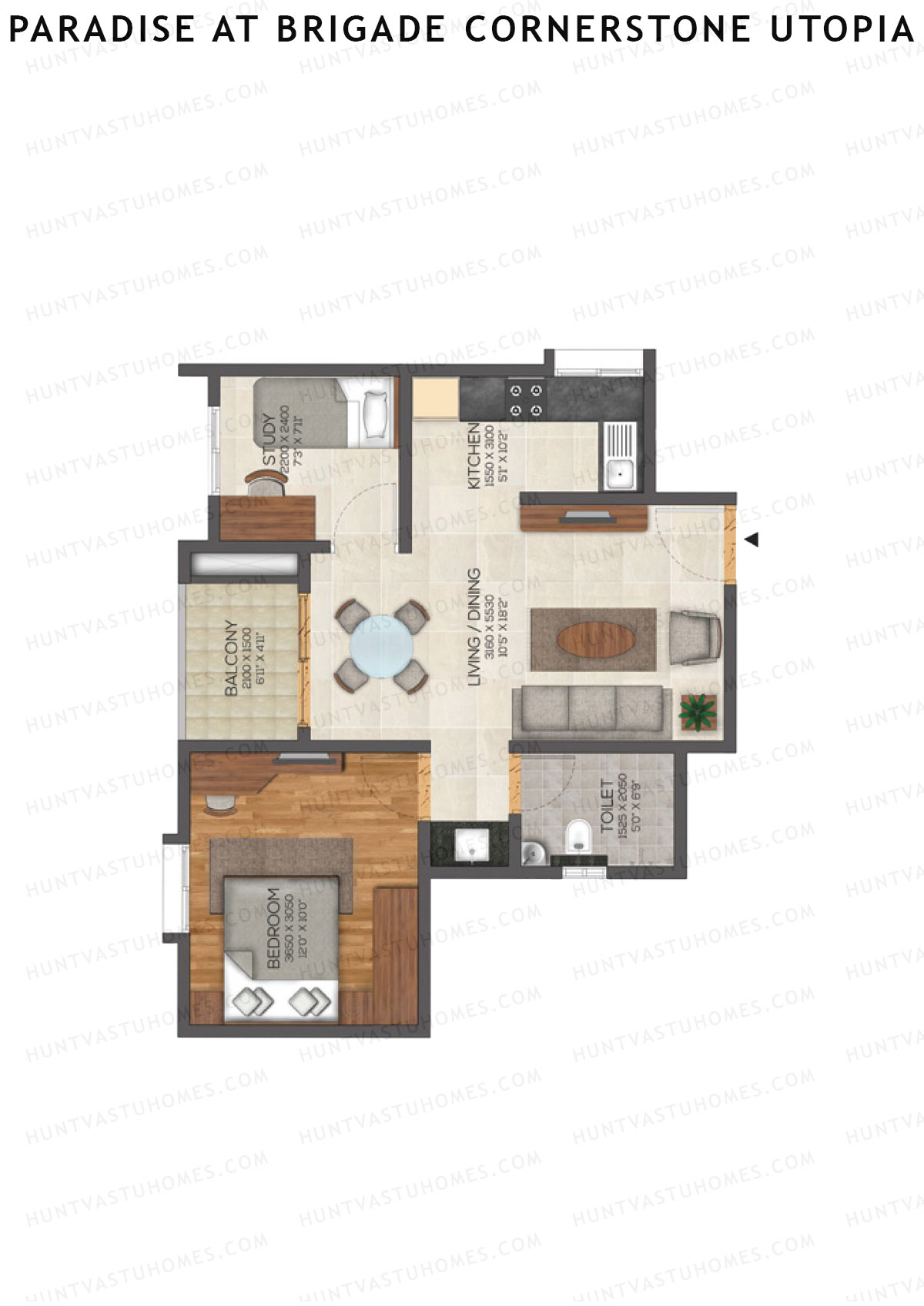 Paradise At Brigade Cornerstone Utopia, Tower J, Unit 8 (Type 2), 1BHK, Super Area 854   sq ft 