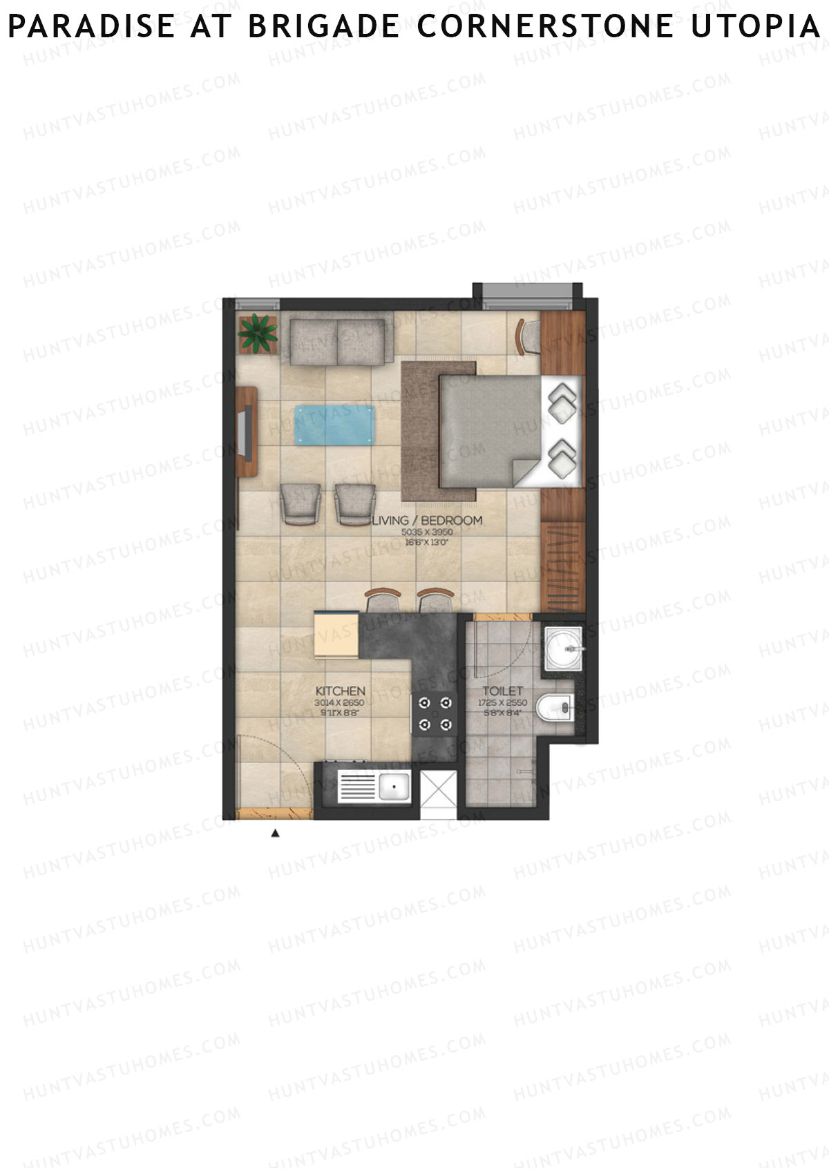 Paradise At Brigade Cornerstone Utopia, Tower K, Unit 2 (Type 2), 1BHK, Super Area 533   sq ft 