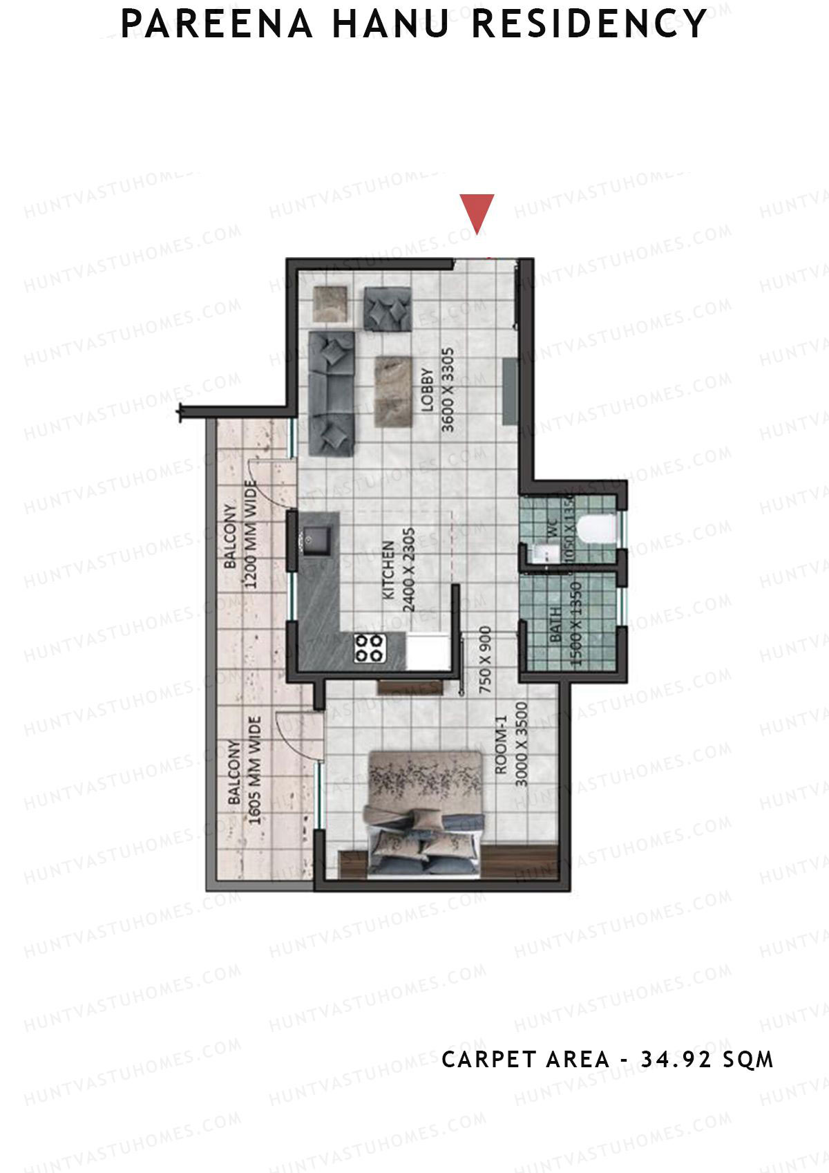 Pareena Hanu Residency Tower 5 Unit 1 (Type 1) Floor Plan