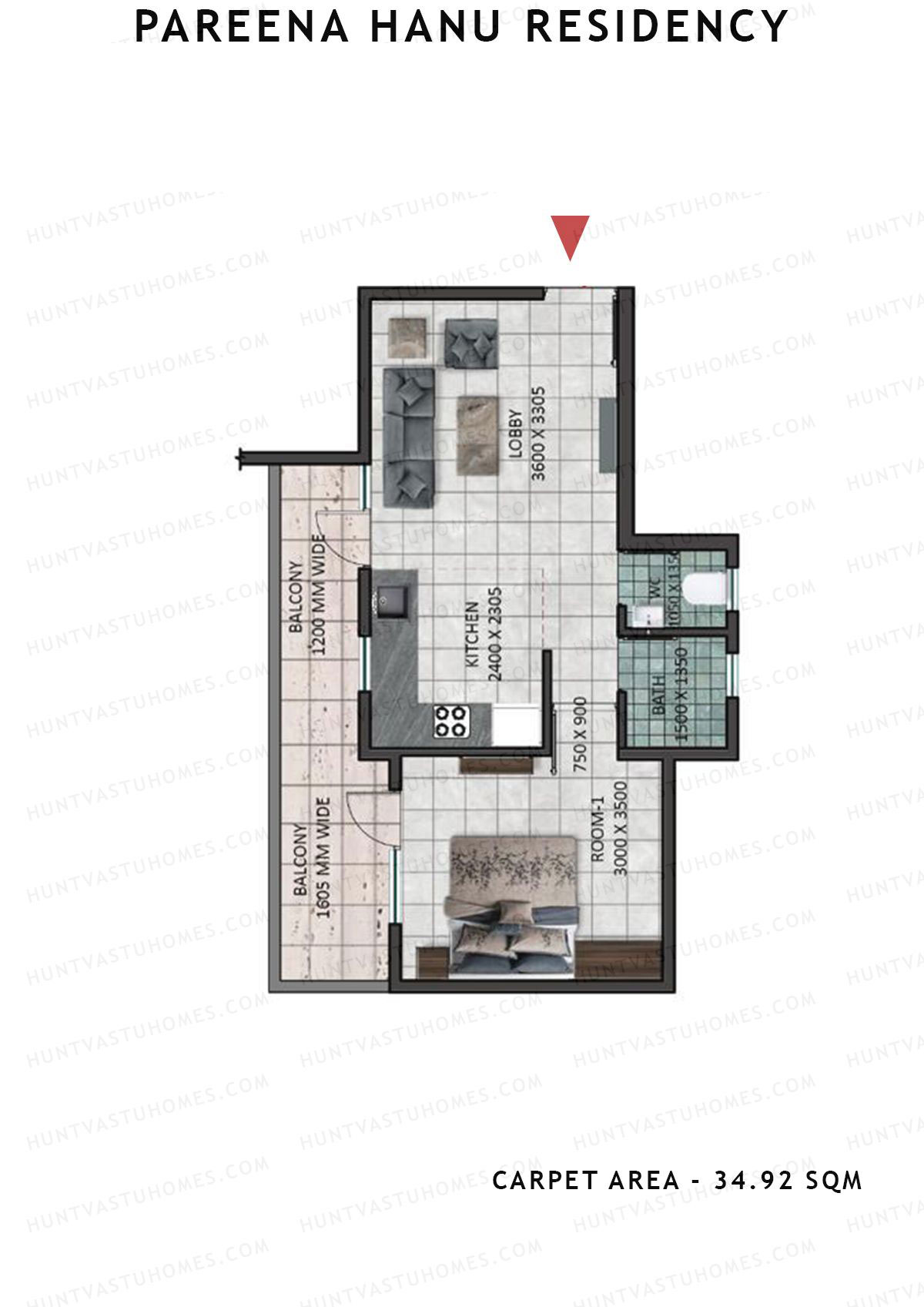 Pareena Hanu Residency Tower 6 Unit 1 (Type 1) Floor Plan