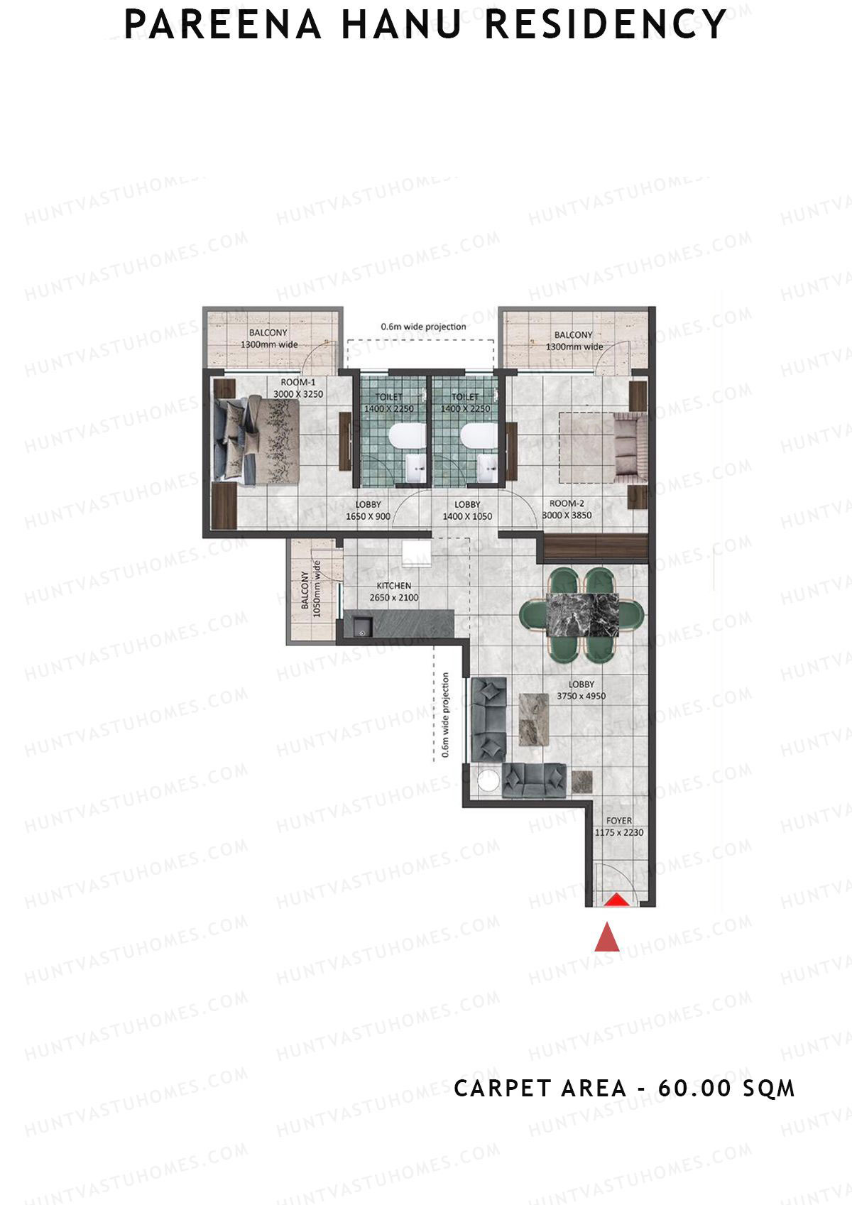 Pareena Hanu Residency Tower 1 Unit 6 (Type 2) Floor Plan