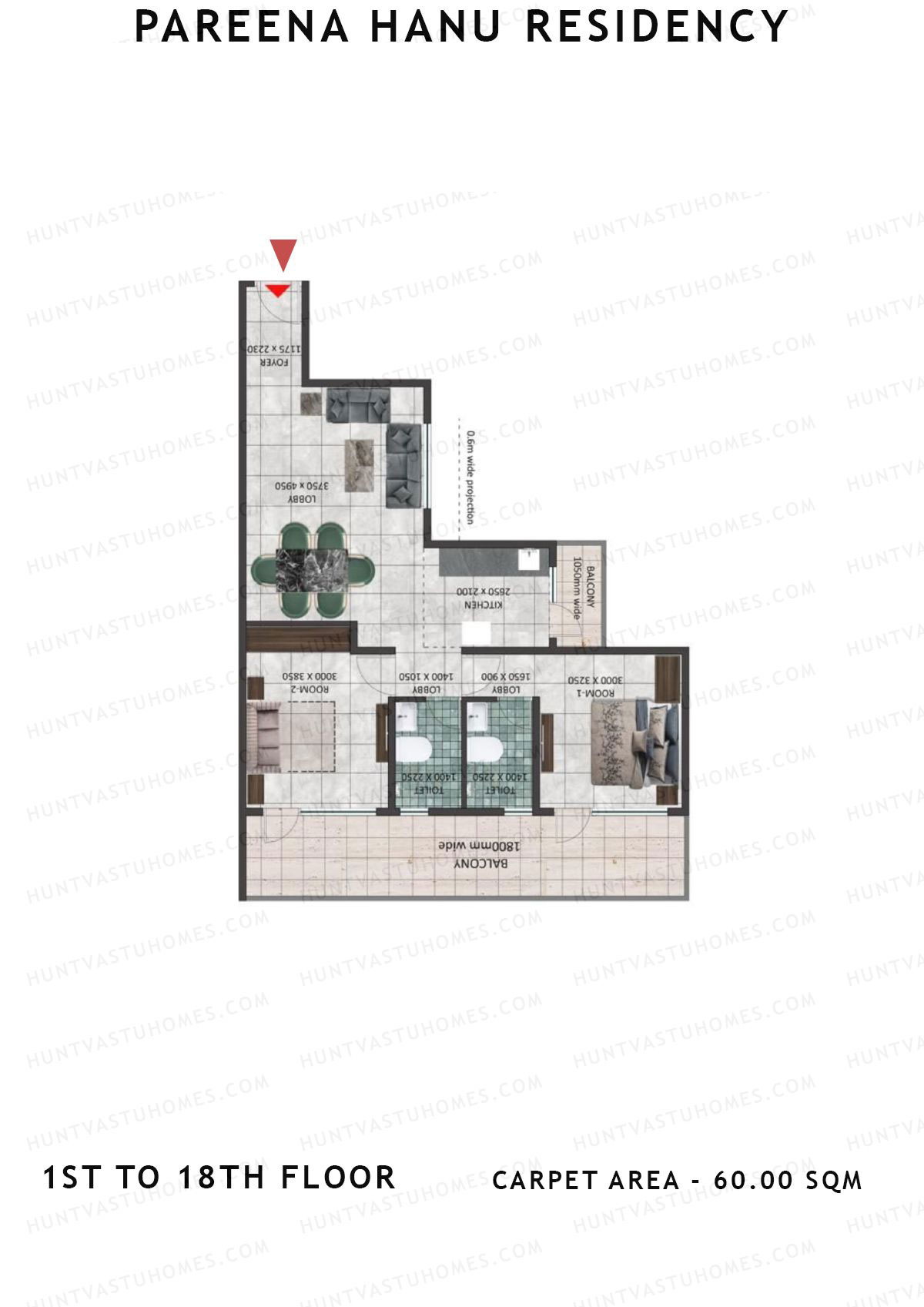 Pareena Hanu Residency Tower 2 Unit 2 (Type 3) Floor Plan