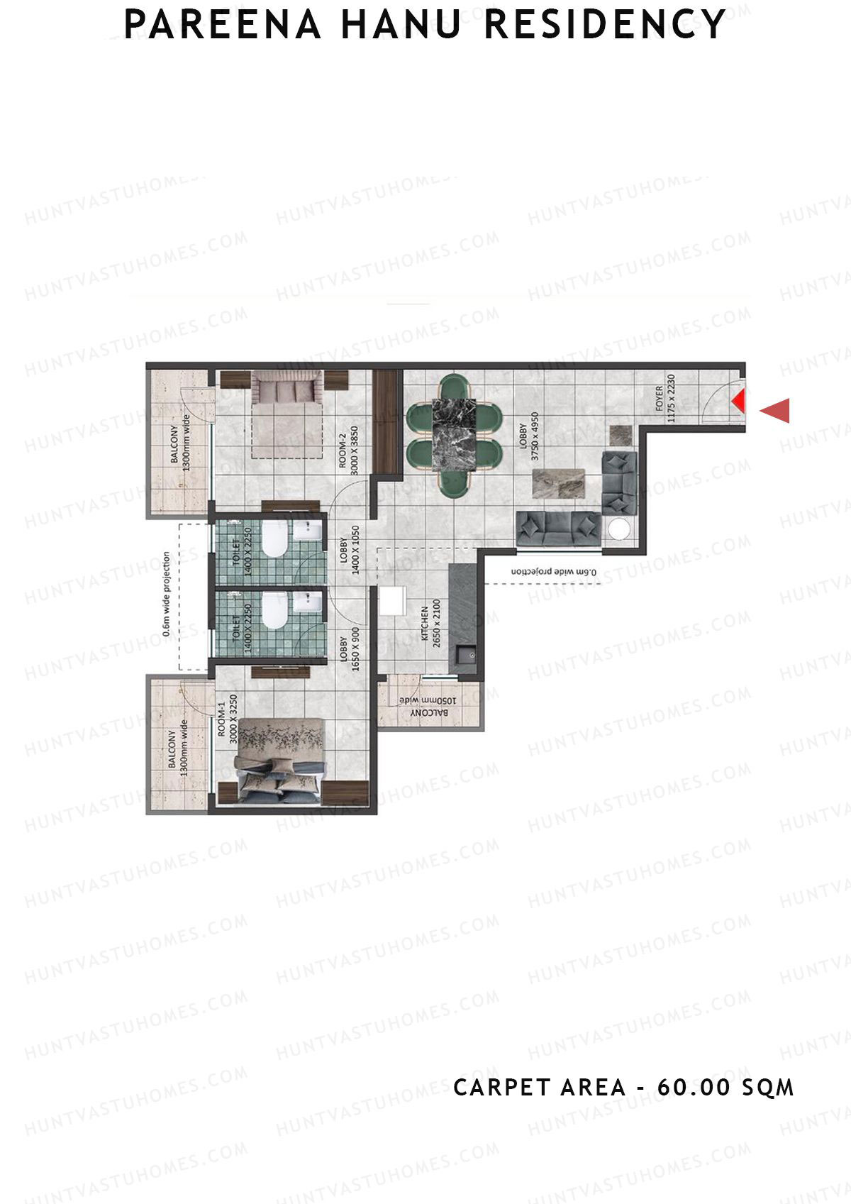 Pareena Hanu Residency Tower 3 Unit 2 (Type 2) Floor Plan