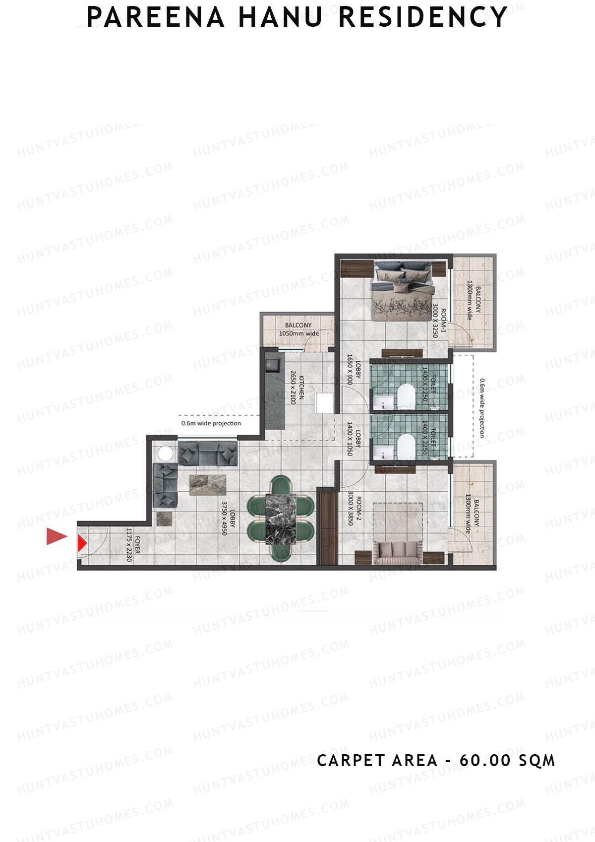 Pareena Hanu Residency Tower 3 Unit 6 (Type 2) Floor Plan