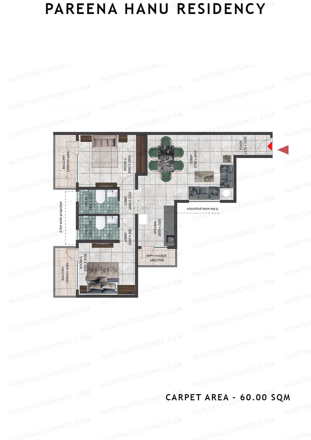 Pareena Hanu Residency Tower 8 Unit 6 (Type 2) Floor Plan