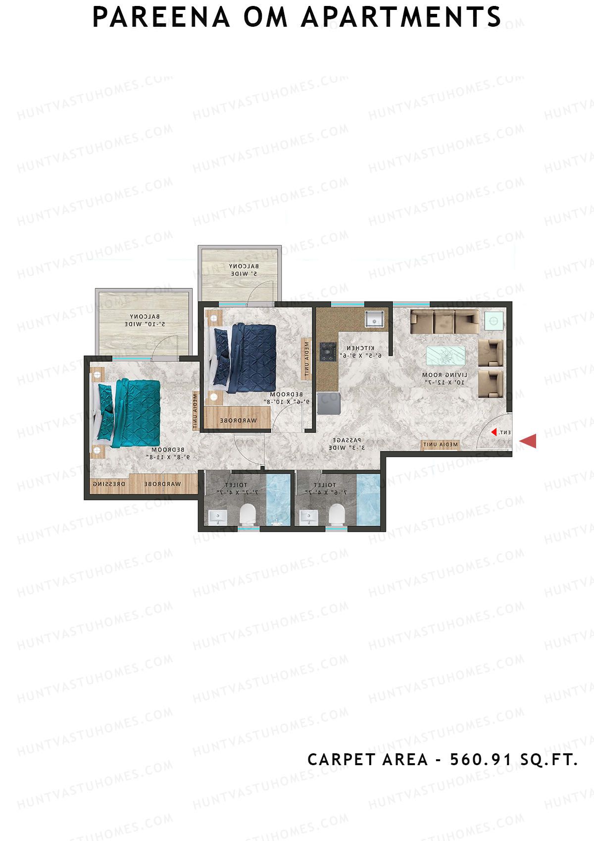 Pareena Om Apartments Tower 1 Unit 5 (Type 3) Floor Plan