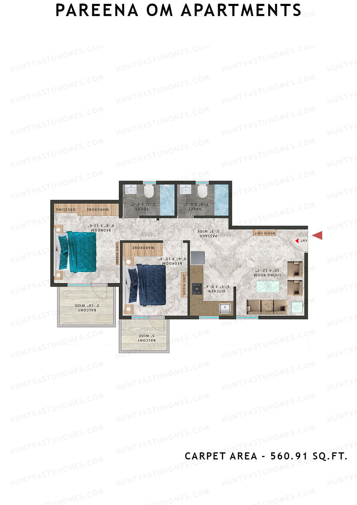 Pareena Om Apartments Tower 3 Unit 4 (Type 3) Floor Plan