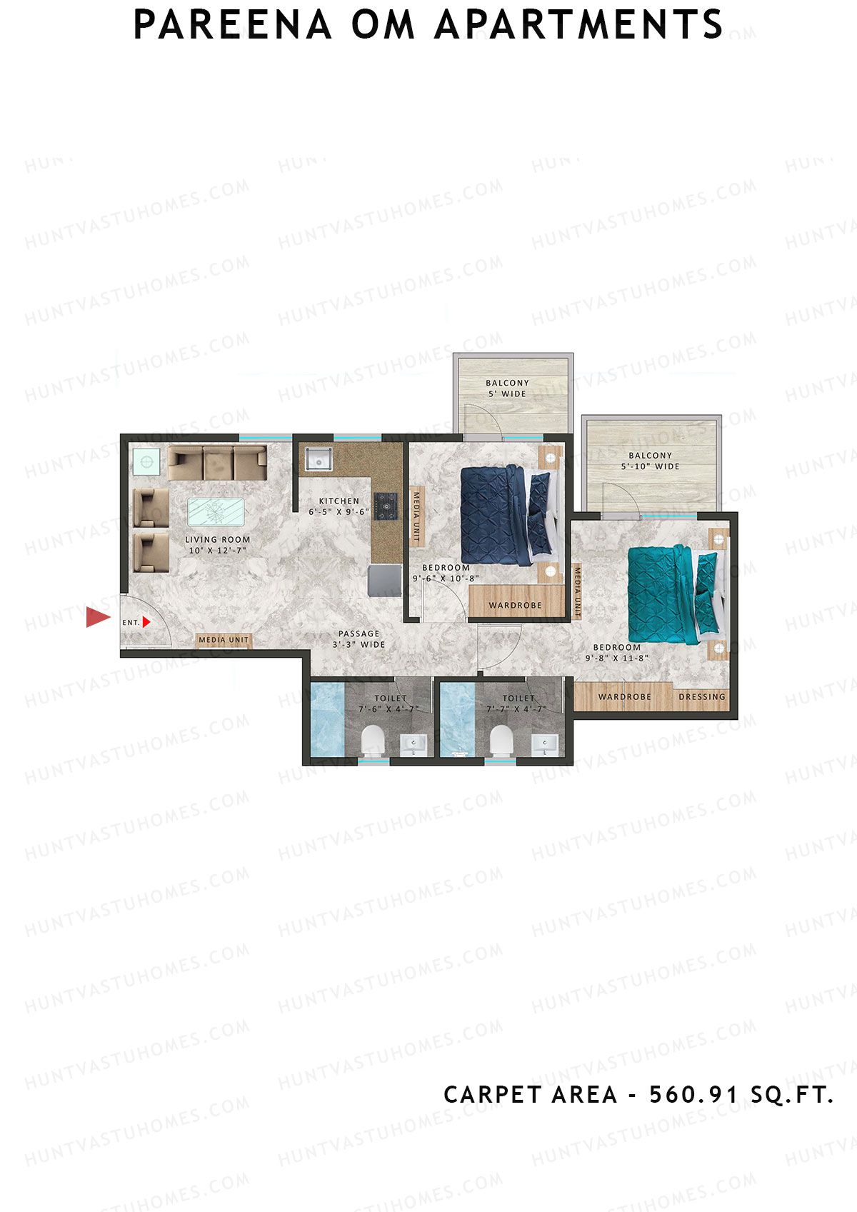 Pareena Om Apartments Tower 3 Unit 6 (Type 3) Floor Plan
