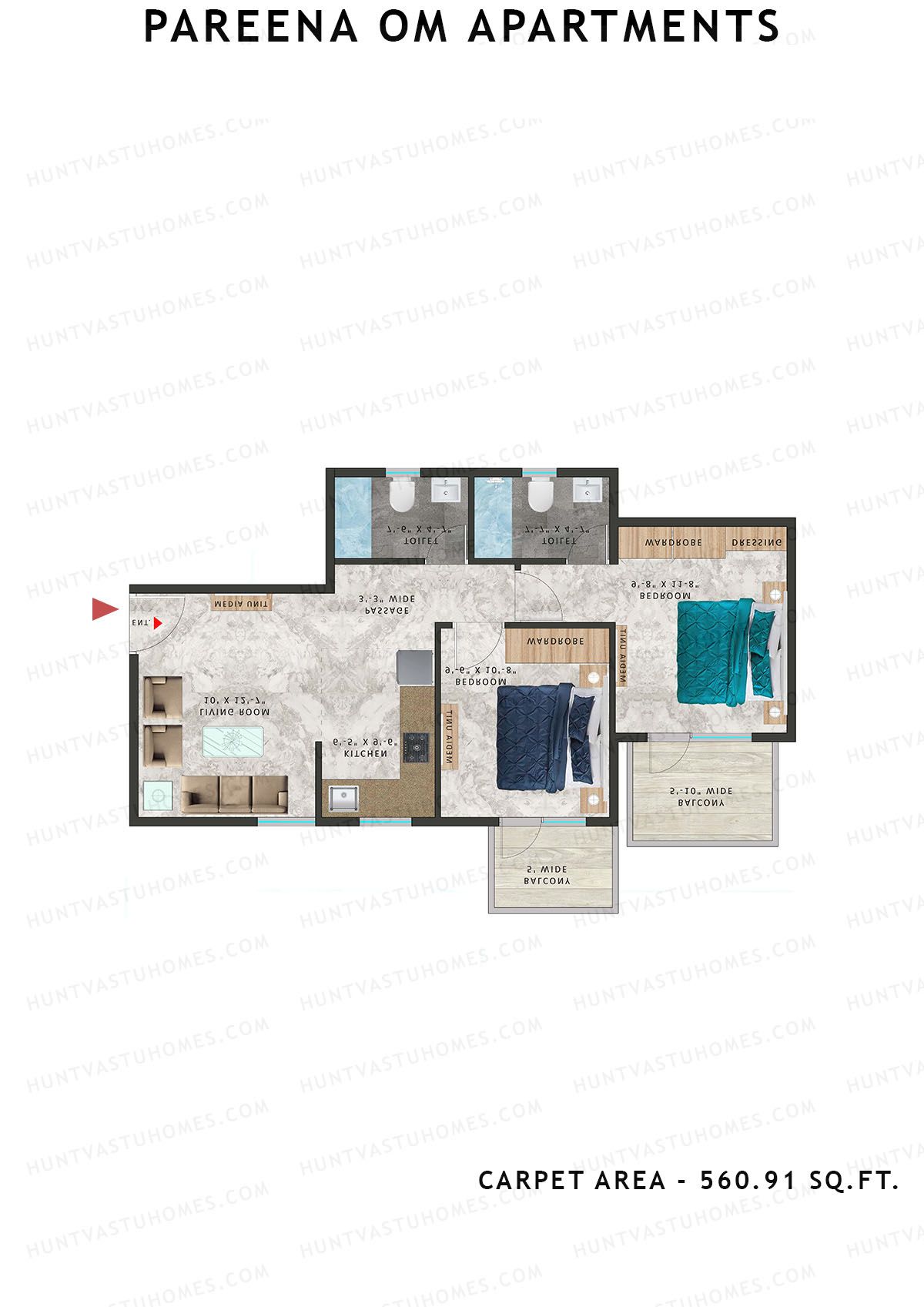 Pareena Om Apartments Tower 4 Unit 1 (Type 3) Floor Plan