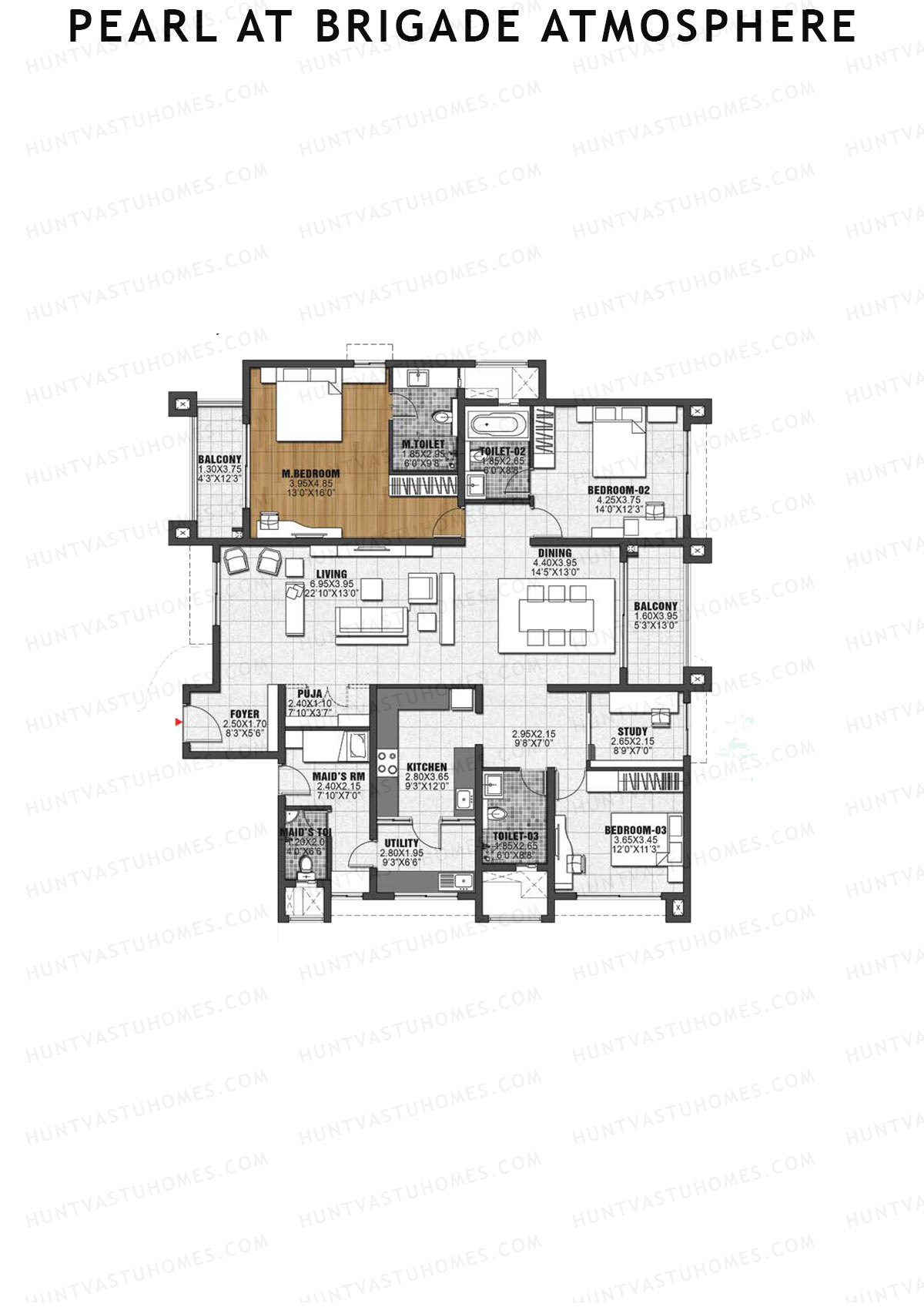 Pearl at Brigade Atmosphere, Block I, Unit 1 (Type B1), 3BHK, Super Area 2540   sq ft 