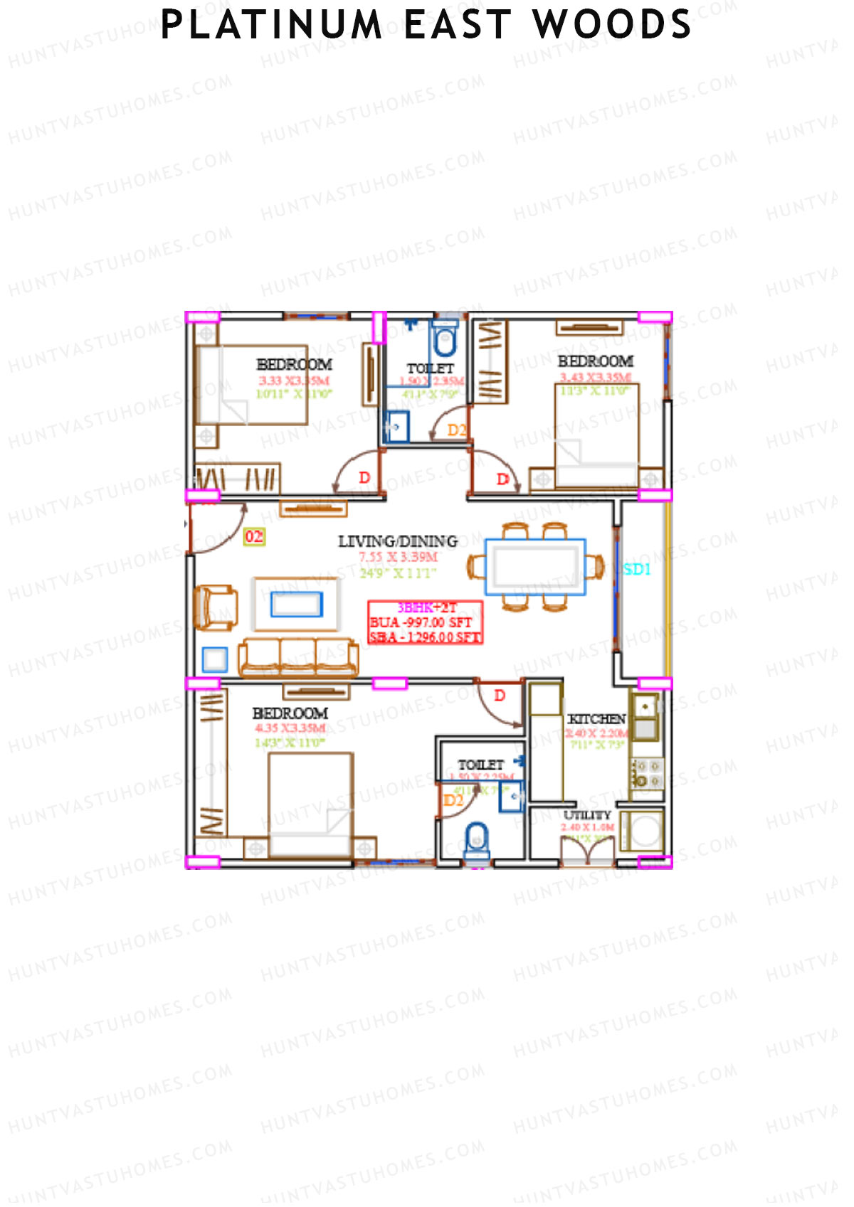 Platinum East Woods Tower A Unit 3 Floor Plan