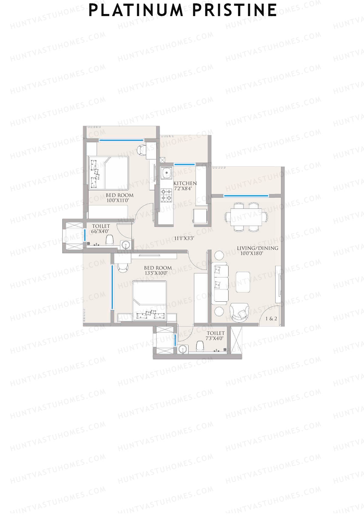 Platinum Pristine, Tower Pristine, Unit 2, 2BHK, Carpet Area 610   sq ft 
