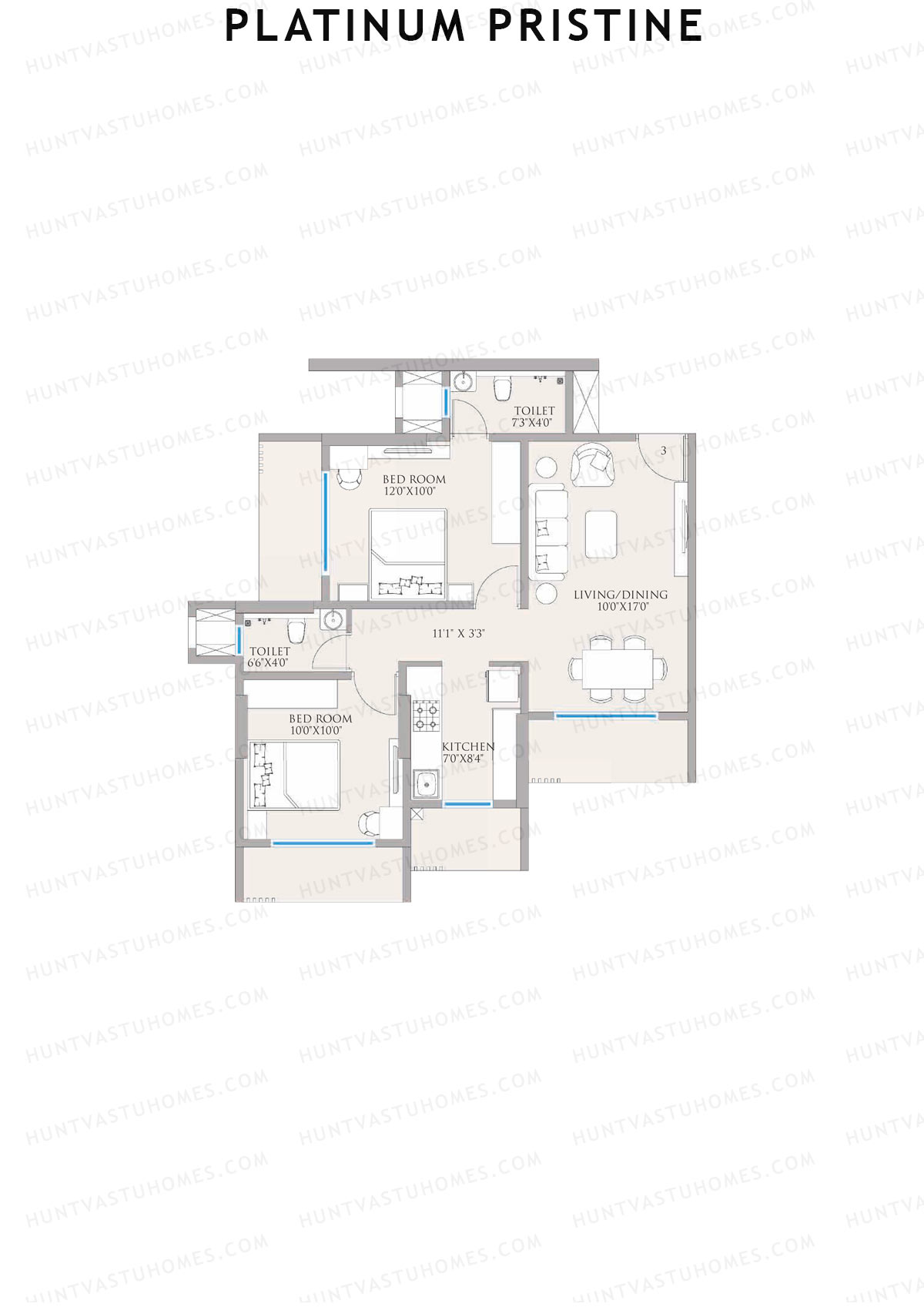 Platinum Pristine, Tower Pristine, Unit 3, 2BHK, Carpet Area 575   sq ft 