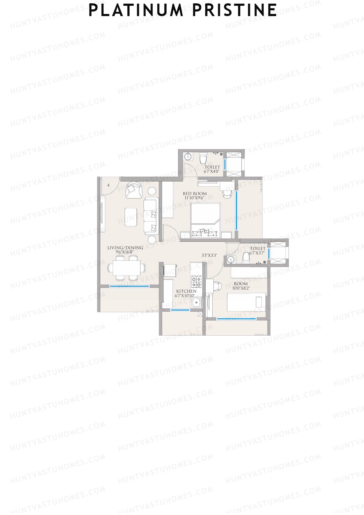 Platinum Pristine, Tower Pristine, Unit 4, 2BHK, Carpet Area 520   sq ft 