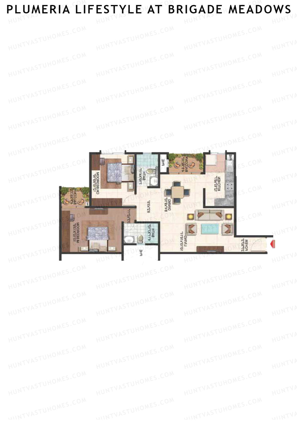 Plumeria Lifestyle At Brigade Meadows, Tower A, Unit 2, 2BHK, Super Area 1190   sq ft 