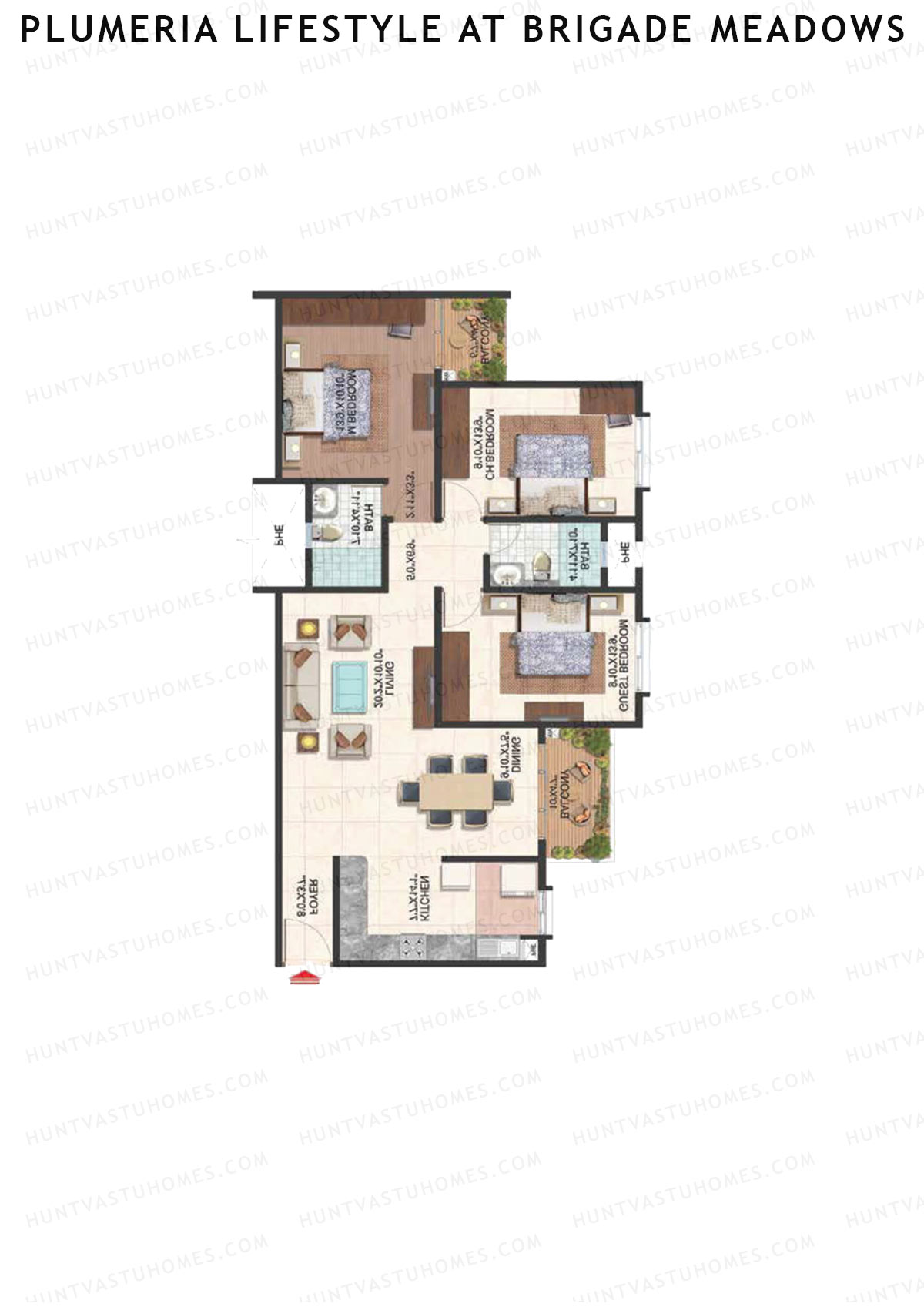 Plumeria Lifestyle At Brigade Meadows, Tower A, Unit 4, 3BHK, Super Area 1460   sq ft 