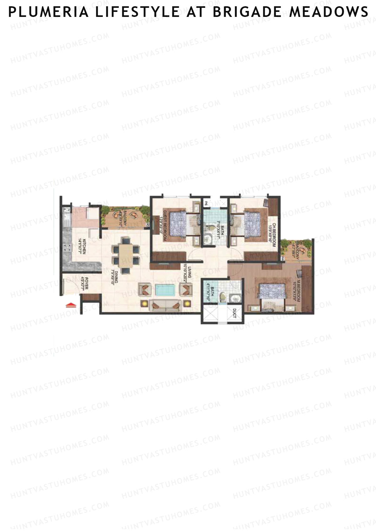 Plumeria Lifestyle At Brigade Meadows, Tower D, Unit 25 , 3BHK, Super Area 1480   sq ft 