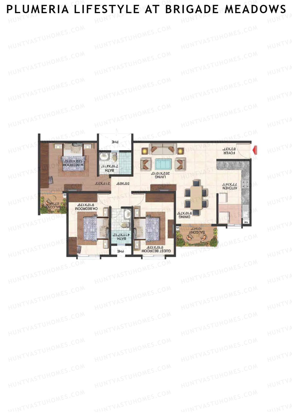 Plumeria Lifestyle At Brigade Meadows, Tower D, Unit 29 , 3BHK, Super Area 1460   sq ft 