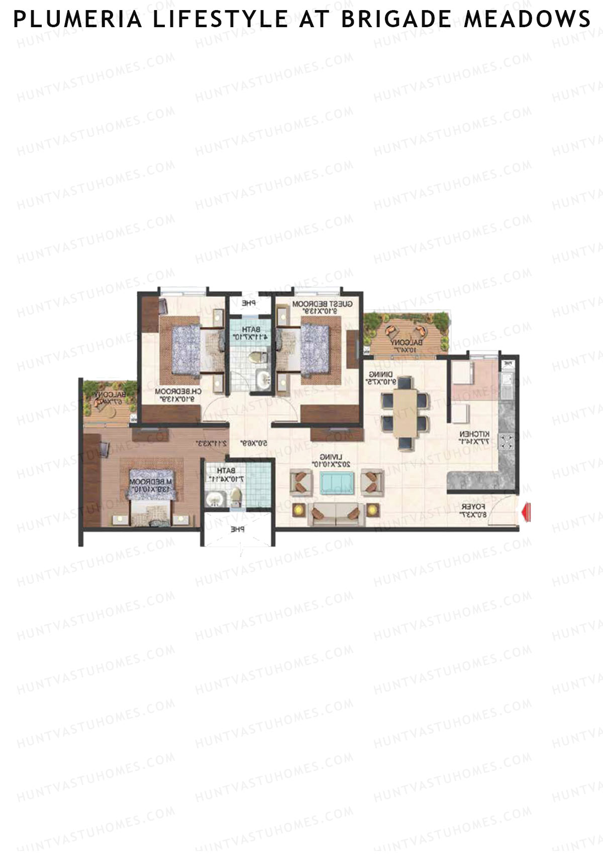 Plumeria Lifestyle At Brigade Meadows, Tower D, Unit 30, 3BHK, Super Area 1460   sq ft 