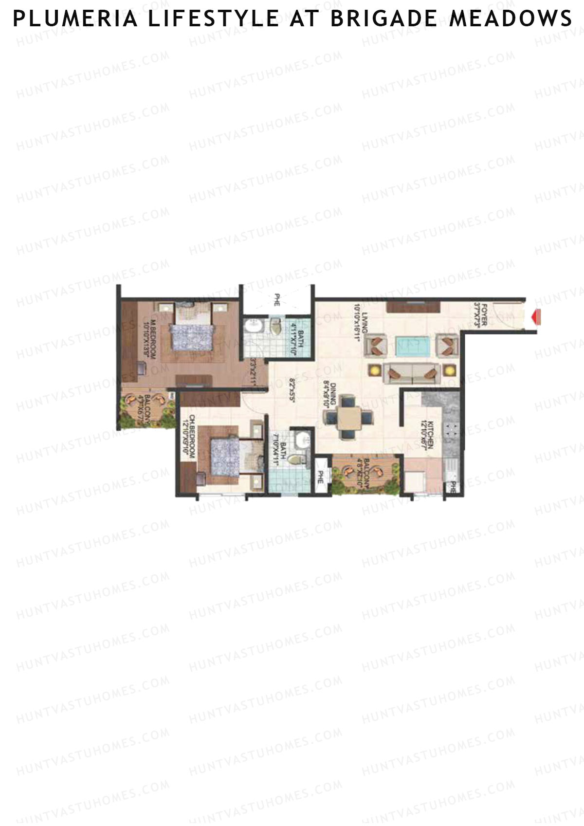Plumeria Lifestyle At Brigade Meadows, Tower F, Unit 41 , 2BHK, Super Area 1190   sq ft 