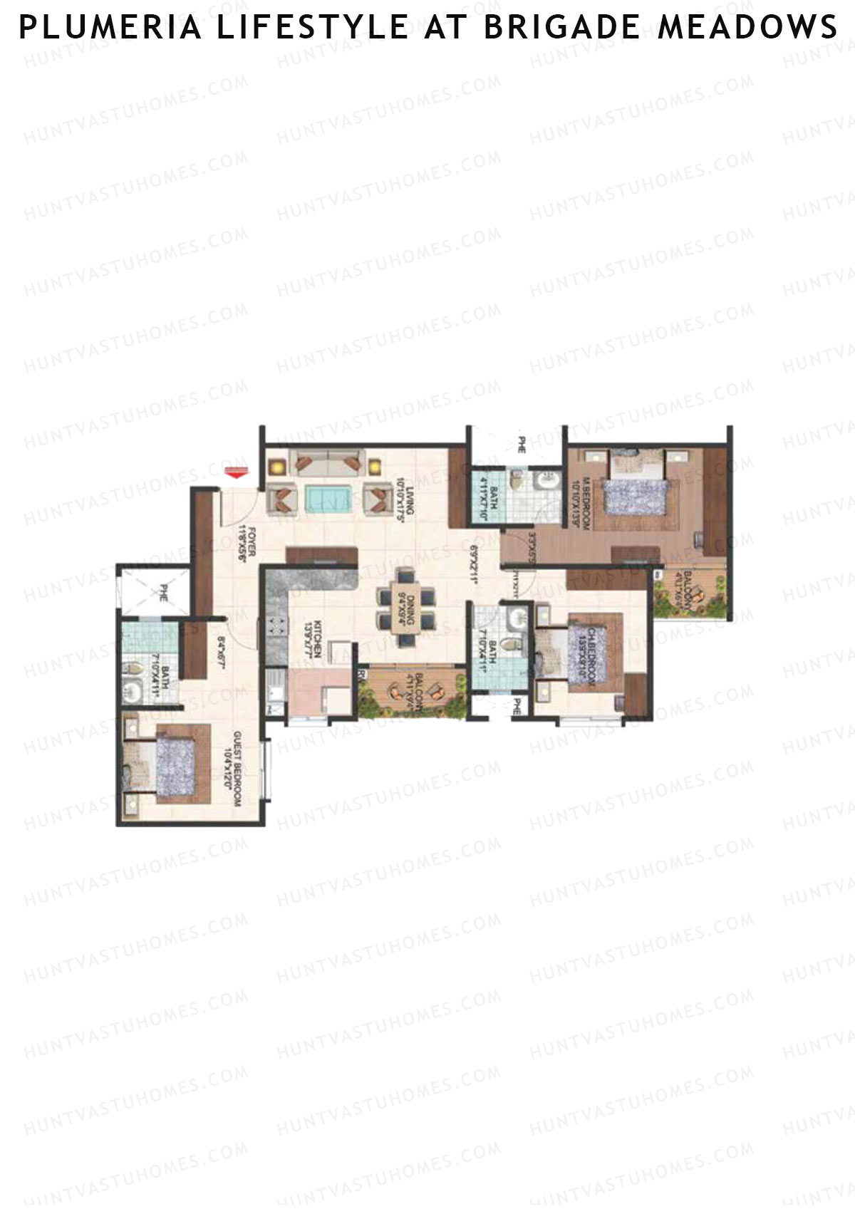 Plumeria Lifestyle At Brigade Meadows, Tower G, Unit 44 , 3BHK, Super Area 1600   sq ft 