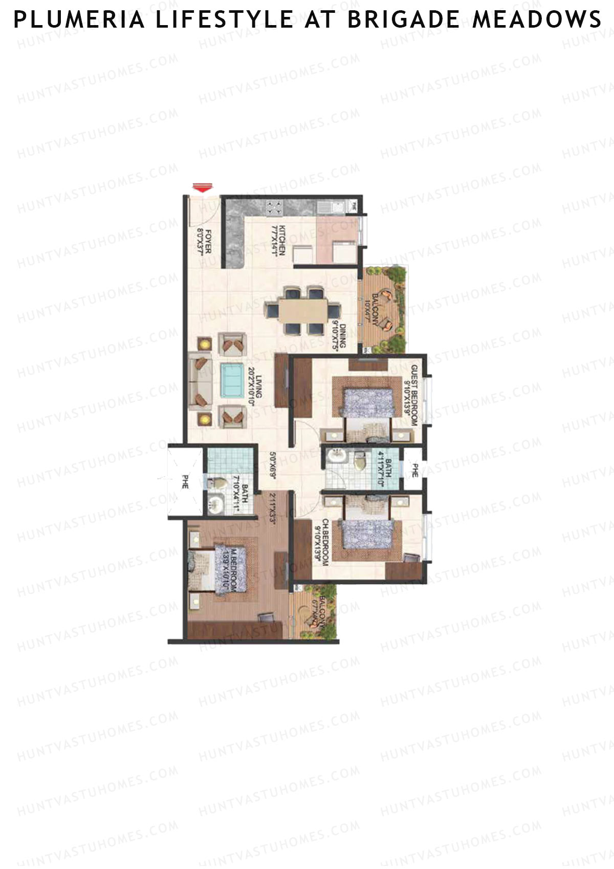 Plumeria Lifestyle At Brigade Meadows, Tower G, Unit 45 , 3BHK, Super Area 1460   sq ft 