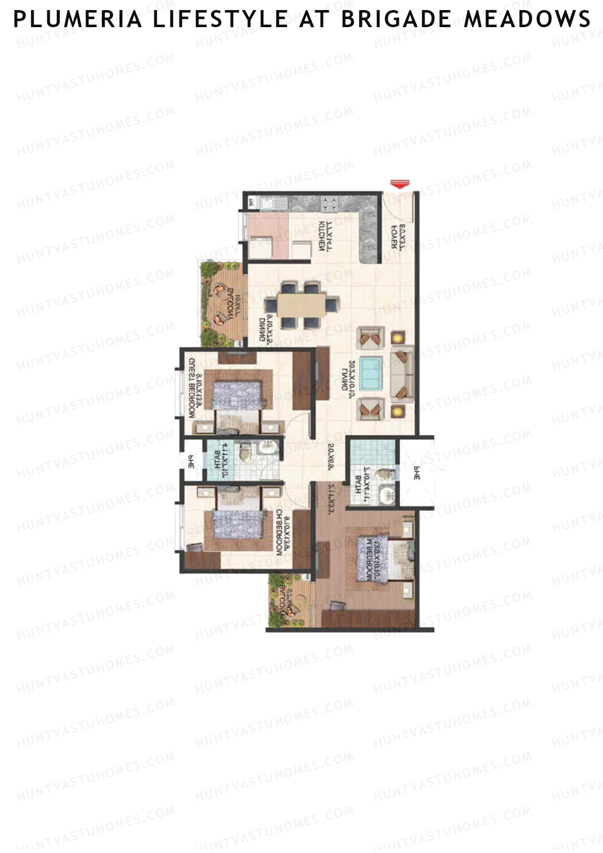 Plumeria Lifestyle At Brigade Meadows, Tower G, Unit 46 , 3BHK, Super Area 1460   sq ft 