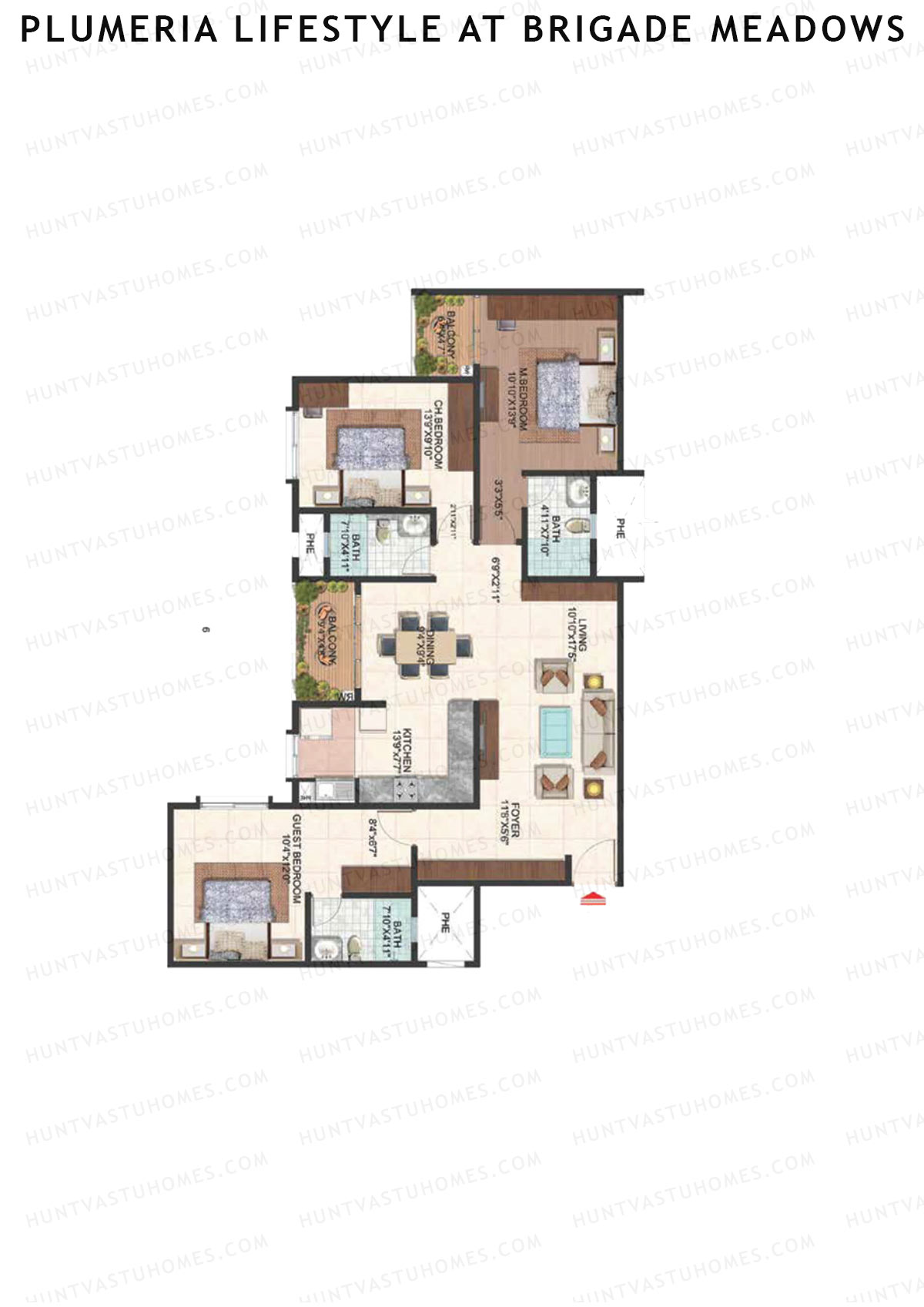 Plumeria Lifestyle At Brigade Meadows, Tower H, Unit 53 , 3BHK, Super Area 1630   sq ft 